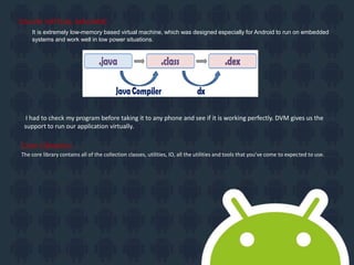 DALVIK VIRTUAL MACHINE:
It is extremely low-memory based virtual machine, which was designed especially for Android to run on embedded
systems and work well in low power situations.
I had to check my program before taking it to any phone and see if it is working perfectly. DVM gives us the
support to run our application virtually.
Core Libraries:
The core library contains all of the collection classes, utilities, IO, all the utilities and tools that you’ve come to expected to use.
 