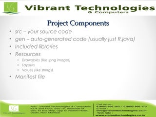 Project ComponentsProject Components
• src – your source code
• gen – auto-generated code (usually just R.java)
• Included libraries
• Resources
o Drawables (like .png images)
o Layouts
o Values (like strings)
• Manifest file
 