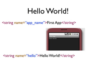 Hello World!
<string name=“app_name”>First App</string>




<string name=“hello”>Hello World!</string>
 