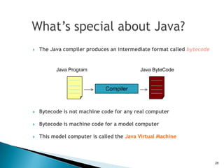   The Java compiler produces an intermediate format called bytecode


          Java Program                     Java ByteCode


                              Compiler



   Bytecode is not machine code for any real computer

   Bytecode is machine code for a model computer

   This model computer is called the Java Virtual Machine



                                                                        28
 