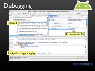 Debugging

 Call stack



                                Examine variables




 Breakpoints, single stepping
 