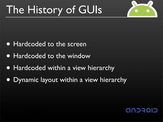 The History of GUIs


• Hardcoded to the screen
• Hardcoded to the window
• Hardcoded within a view hierarchy
• Dynamic layout within a view hierarchy
 