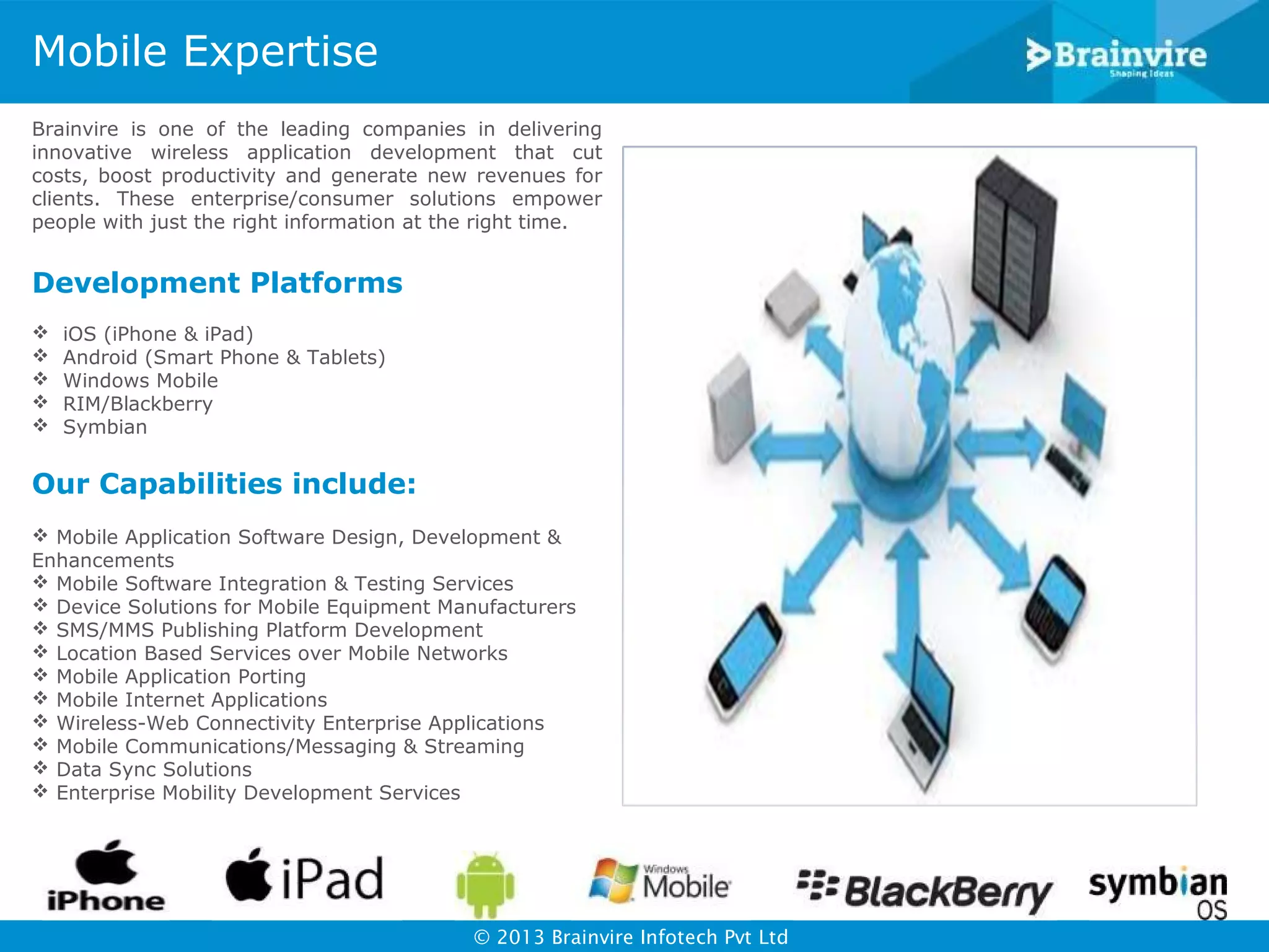 Mobile Expertise
Brainvire is one of the leading companies in delivering
innovative wireless application development that cut
costs, boost productivity and generate new revenues for
clients. These enterprise/consumer solutions empower
people with just the right information at the right time.

Development Platforms






iOS (iPhone & iPad)
Android (Smart Phone & Tablets)
Windows Mobile
RIM/Blackberry
Symbian

Our Capabilities include:
 Mobile Application Software Design, Development &
Enhancements
 Mobile Software Integration & Testing Services
 Device Solutions for Mobile Equipment Manufacturers
 SMS/MMS Publishing Platform Development
 Location Based Services over Mobile Networks
 Mobile Application Porting
 Mobile Internet Applications
 Wireless-Web Connectivity Enterprise Applications
 Mobile Communications/Messaging & Streaming
 Data Sync Solutions
 Enterprise Mobility Development Services

© 2013 Brainvire Infotech Pvt Ltd

 