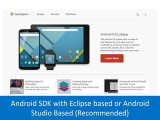 Android SDK with Eclipse based or Android
Studio Based (Recommended)
 