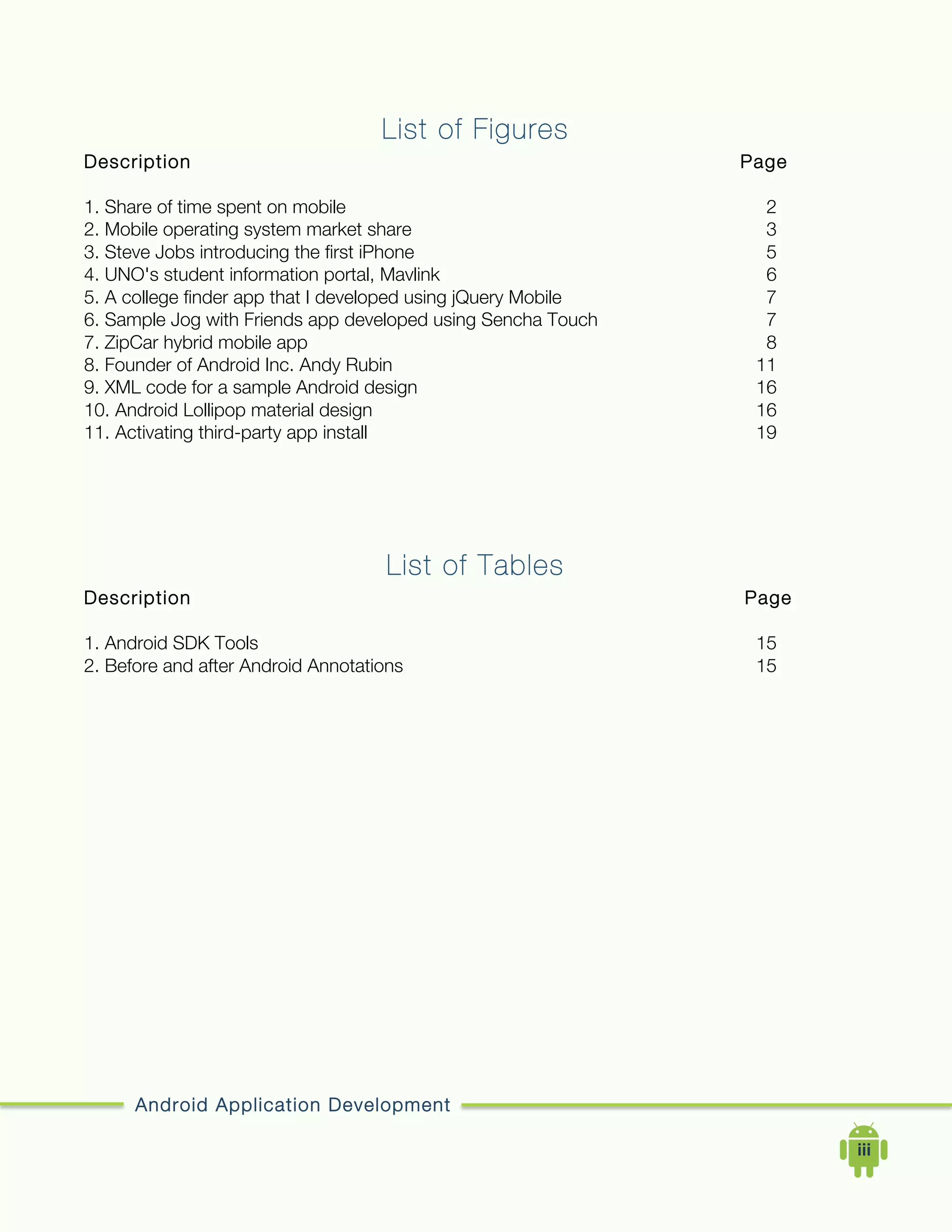 Android Application Development
	
  	
  	
  	
  iii	
  
List of Figures
Description Page
1. Share of time spent on mobile 2
2. Mobile operating system market share 3
3. Steve Jobs introducing the first iPhone 5
4. UNO's student information portal, Mavlink 6
5. A college finder app that I developed using jQuery Mobile 7
6. Sample Jog with Friends app developed using Sencha Touch 7
7. ZipCar hybrid mobile app 8
8. Founder of Android Inc. Andy Rubin 11
9. XML code for a sample Android design 16
10. Android Lollipop material design 16
11. Activating third-party app install 19
List of Tables
Description Page
1. Android SDK Tools 15
2. Before and after Android Annotations 15
 