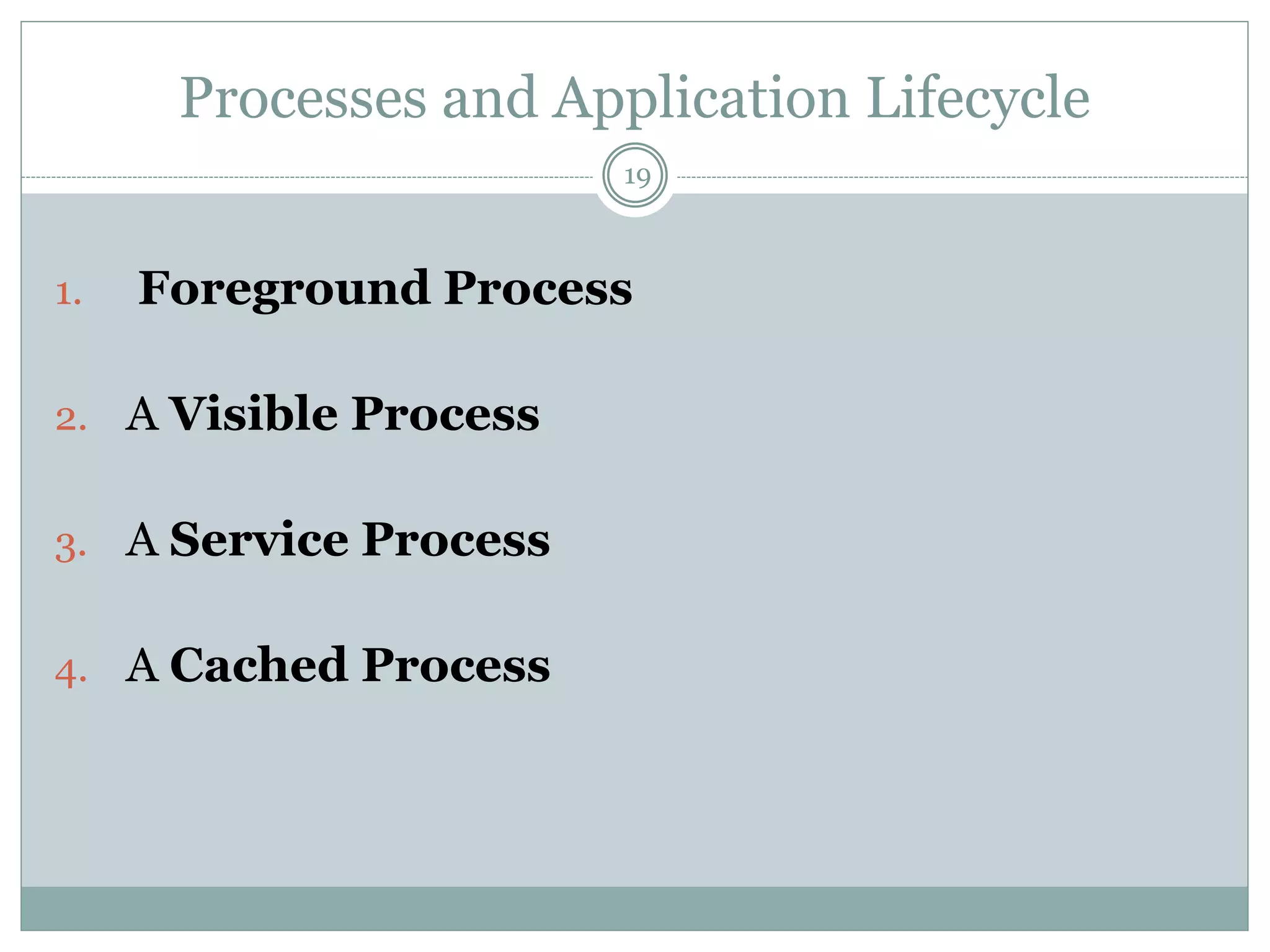 Processes and Application Lifecycle
19
1. Foreground Process
2. A Visible Process
3. A Service Process
4. A Cached Process
 