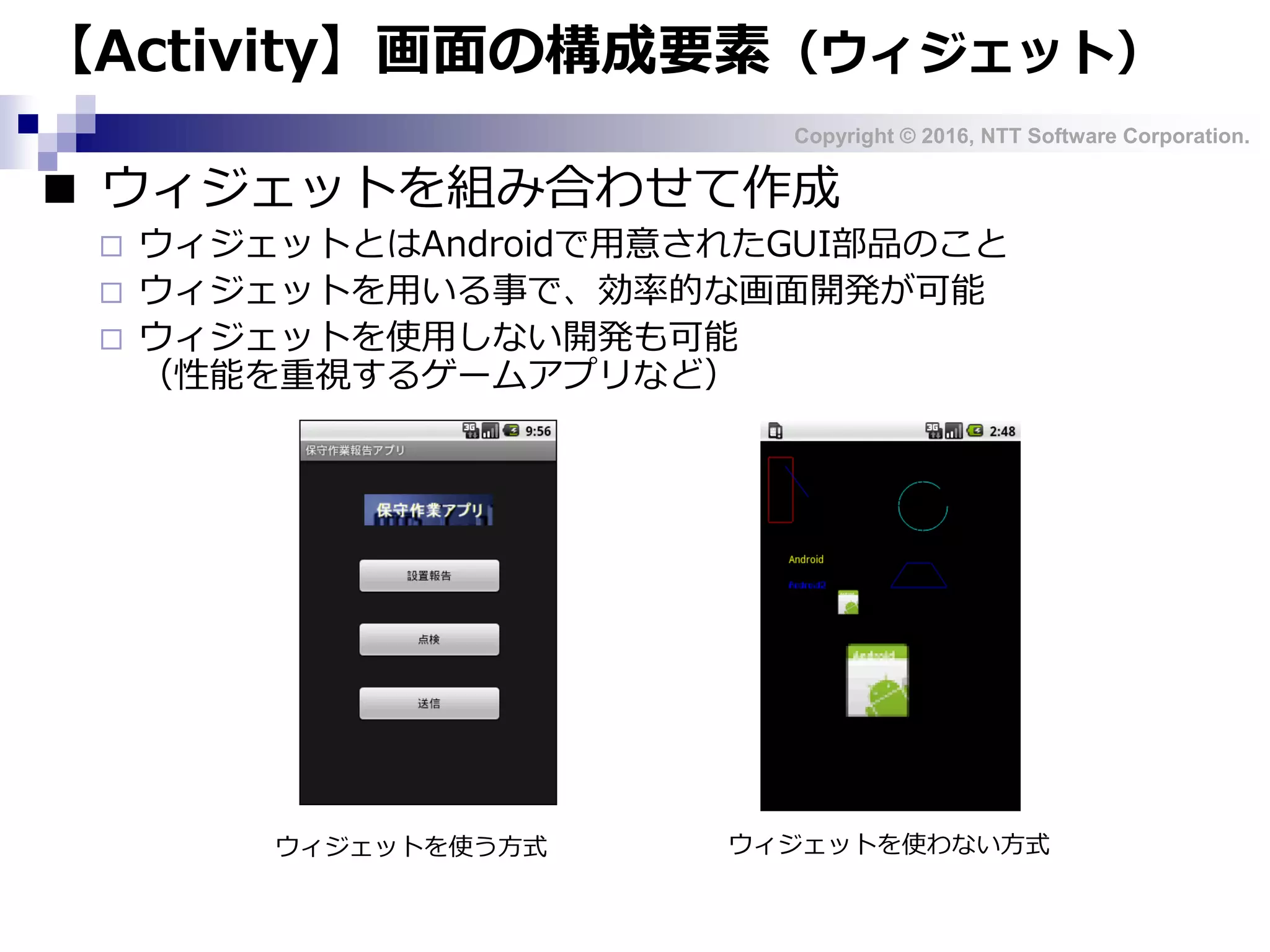 Copyright © 2016, NTT Software Corporation.
■ ウィジェットを組み合わせて作成
 ウィジェットとはAndroidで用意されたGUI部品のこと
 ウィジェットを用いる事で、効率的な画面開発が可能
 ウィジェットを使用しない開発も可能
（性能を重視するゲームアプリなど）
【Activity】画面の構成要素（ウィジェット）
ウィジェットを使う方式 ウィジェットを使わない方式
 
