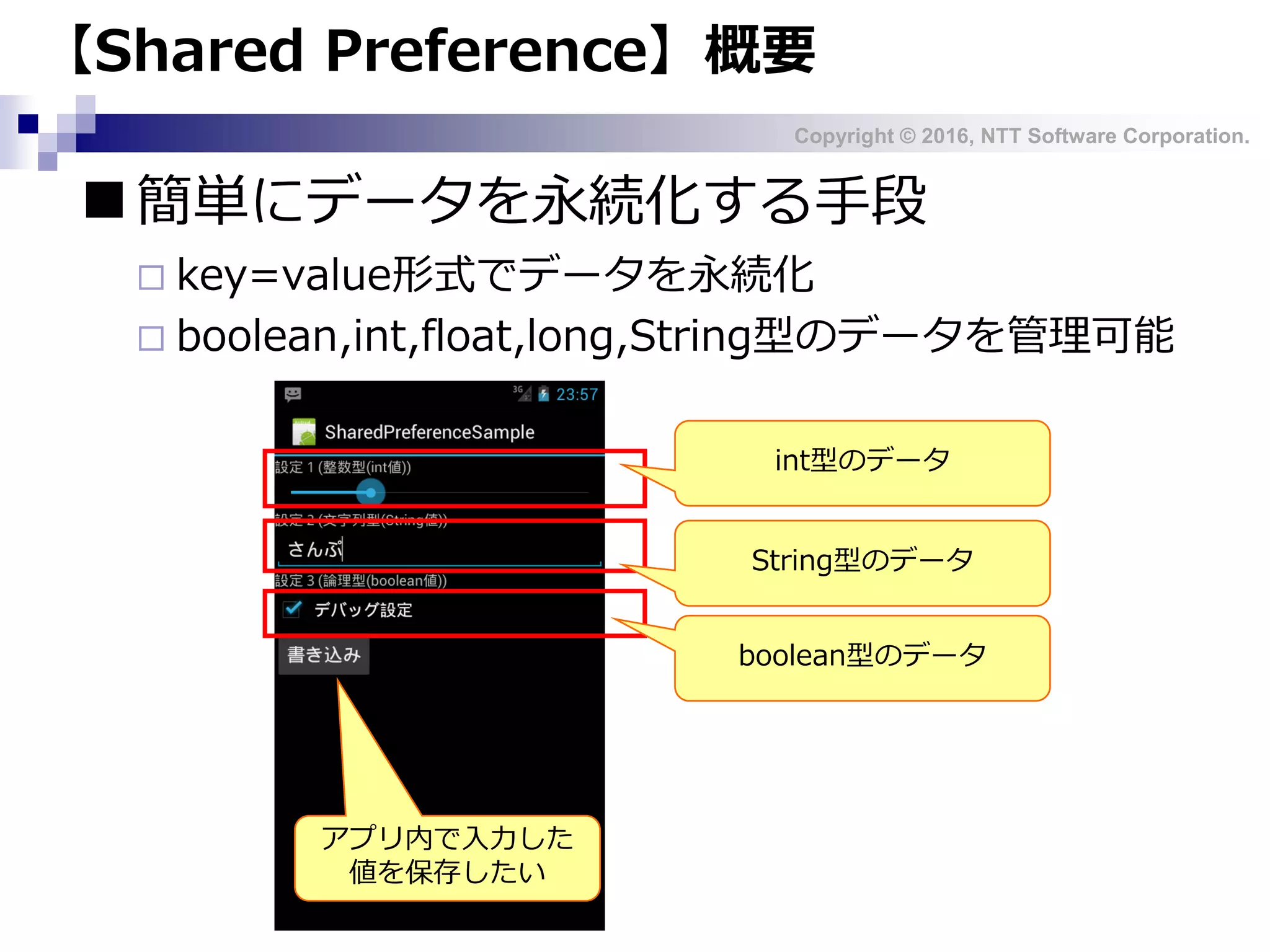 Copyright © 2016, NTT Software Corporation.
■簡単にデータを永続化する手段
 key=value形式でデータを永続化
 boolean,int,float,long,String型のデータを管理可能
【Shared Preference】概要
アプリ内で入力した
値を保存したい
int型のデータ
String型のデータ
boolean型のデータ
 