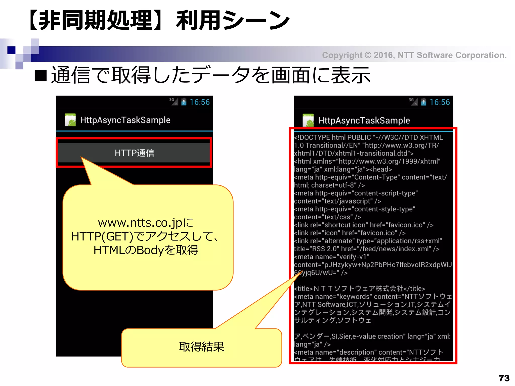 Copyright © 2016, NTT Software Corporation.
73
■通信で取得したデータを画面に表示
【非同期処理】利用シーン
取得結果
www.ntts.co.jpに
HTTP(GET)でアクセスして、
HTMLのBodyを取得
 
