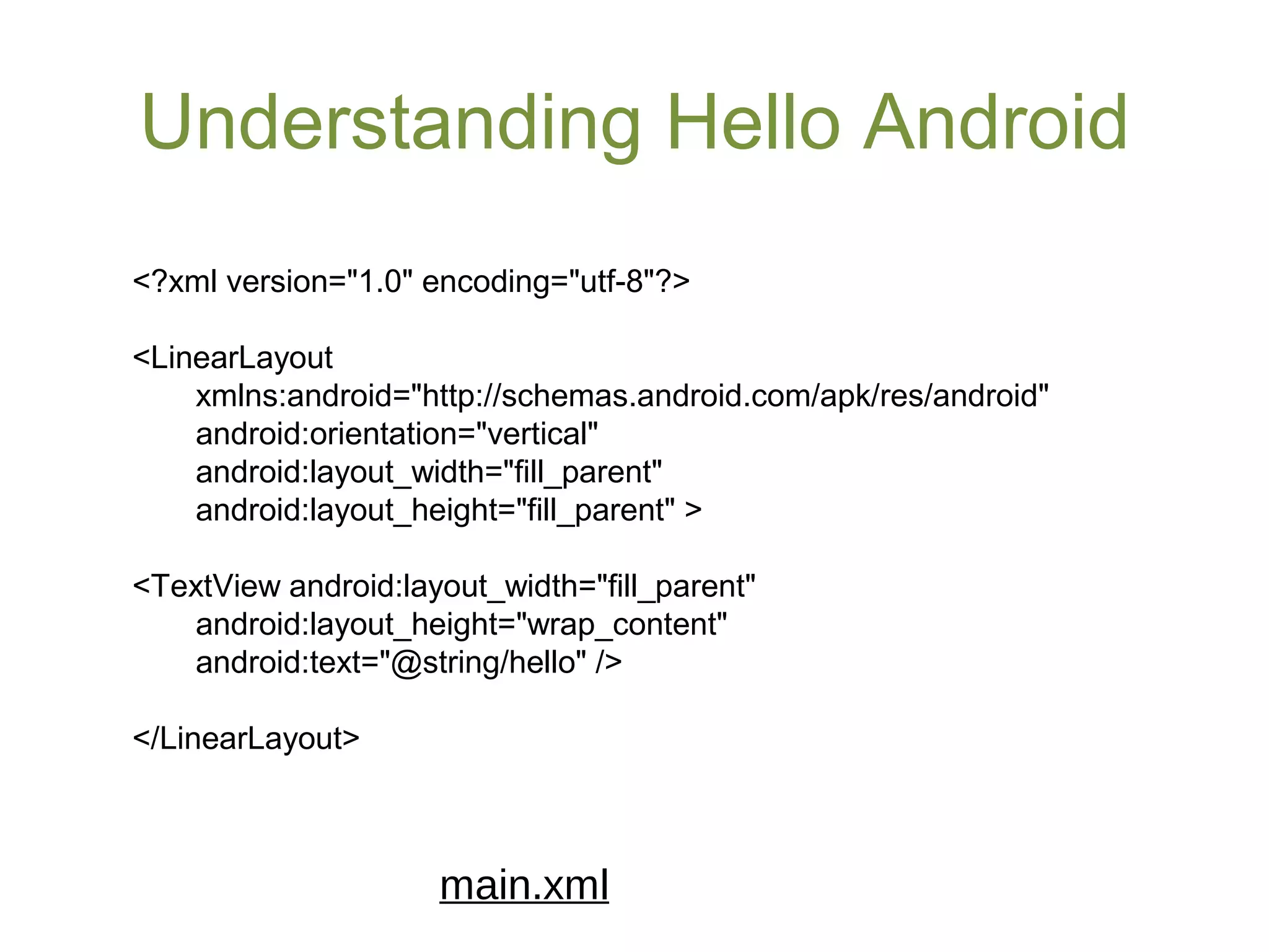 Understanding Hello Android
<?xml version="1.0" encoding="utf-8"?>
<LinearLayout
xmlns:android="http://schemas.android.com/apk/res/android"
android:orientation="vertical"
android:layout_width="fill_parent"
android:layout_height="fill_parent" >
<TextView android:layout_width="fill_parent"
android:layout_height="wrap_content"
android:text="@string/hello" />
</LinearLayout>
main.xml
 