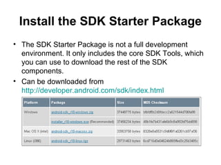Install the SDK Starter Package
• The SDK Starter Package is not a full development
  environment. It only includes the core SDK Tools, which
  you can use to download the rest of the SDK
  components.
• Can be downloaded from
  http://developer.android.com/sdk/index.html
 