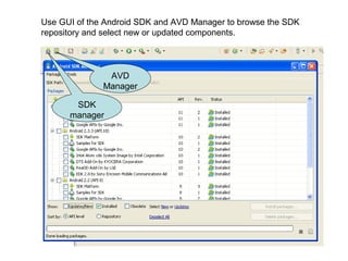 Use GUI of the Android SDK and AVD Manager to browse the SDK
repository and select new or updated components.



               AVD
              Manager

       SDK
      manager
 