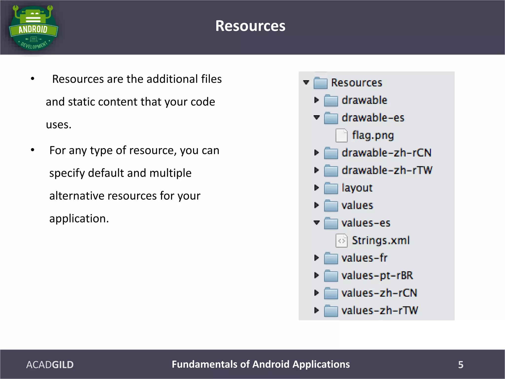 ACADGILD
• Resources are the additional files
and static content that your code
uses.
• For any type of resource, you can
specify default and multiple
alternative resources for your
application.
Resources
5Fundamentals of Android Applications
 