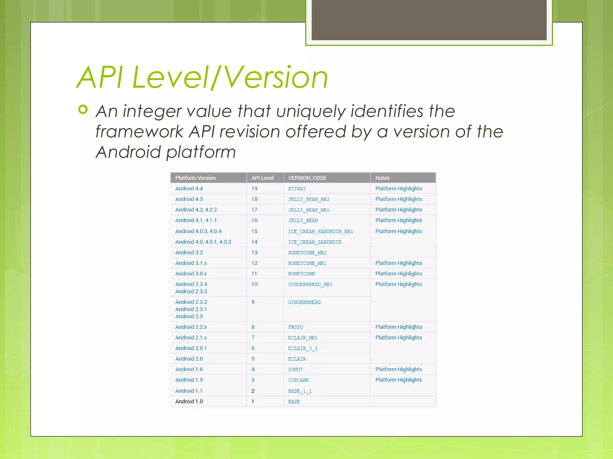 API Level/Version  An integer value that uniquely identifies the framework API revision offered by a version of the Android platform 