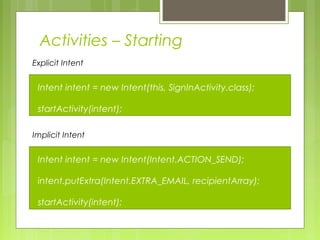 Intent intent = new Intent(this, SignInActivity.class);
startActivity(intent);
Explicit Intent
Intent intent = new Intent(Intent.ACTION_SEND);
intent.putExtra(Intent.EXTRA_EMAIL, recipientArray);
startActivity(intent);
Implicit Intent
Activities – Starting
 