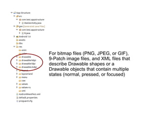 For bitmap files (PNG, JPEG, or GIF), 9-Patch image files, and XML files that describe Drawable shapes or a Drawable objects that contain multiple states (normal, pressed, or focused) 