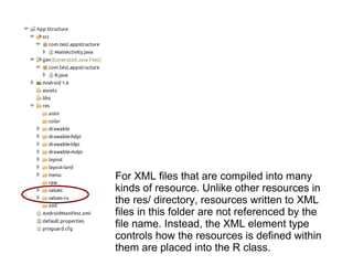 For XML files that are compiled into many kinds of resource. Unlike other resources in the res/ directory, resources written to XML files in this folder are not referenced by the file name. Instead, the XML element type controls how the resources is defined within them are placed into the R class. 