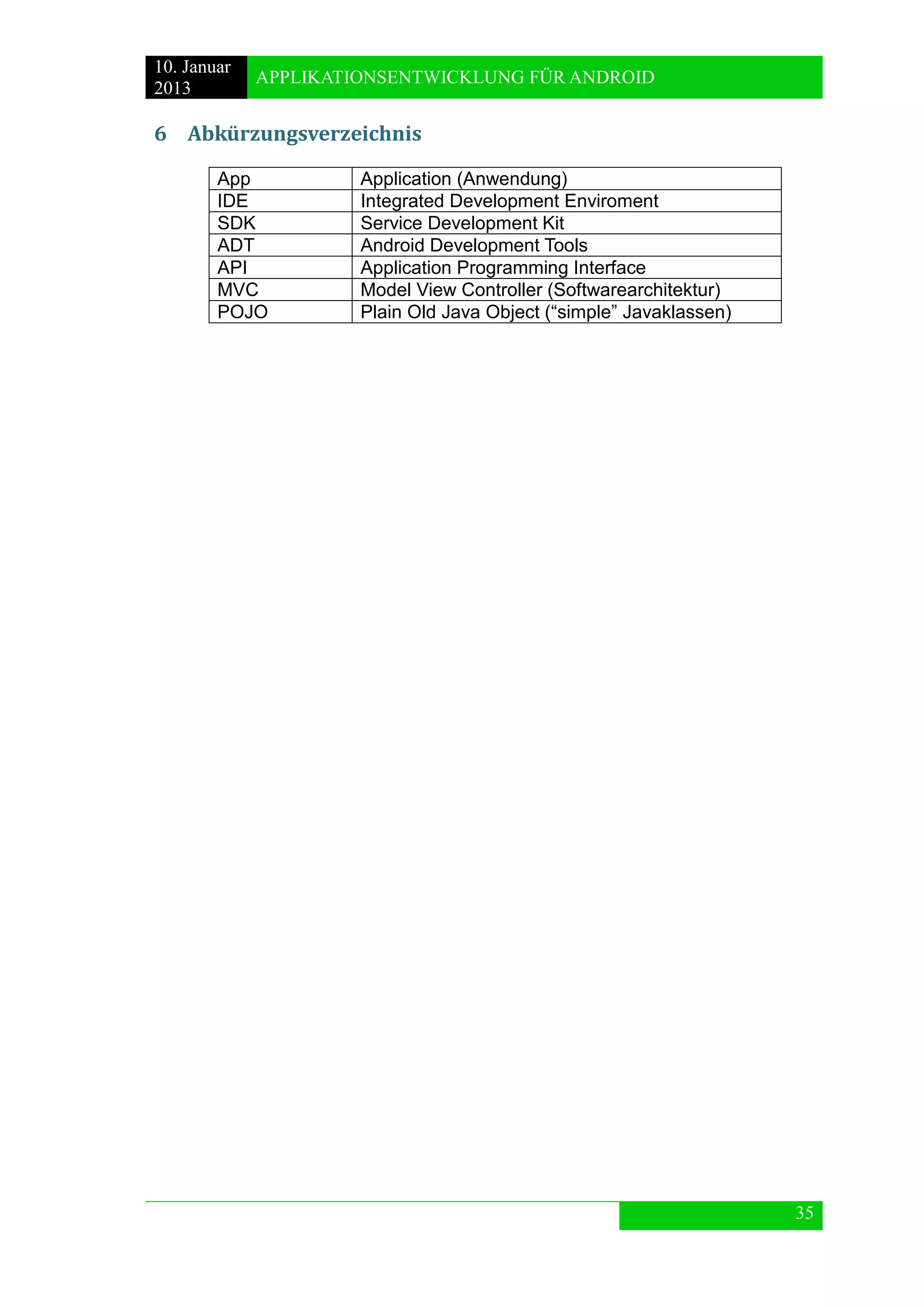 10. Januar 
2013 
APPLIKATIONSENTWICKLUNG FÜR ANDROID 
35 
6 Abkürzungsverzeichnis 
App 
Application (Anwendung) 
IDE 
Integrated Development Enviroment 
SDK 
Service Development Kit 
ADT 
Android Development Tools 
API 
Application Programming Interface 
MVC 
Model View Controller (Softwarearchitektur) 
POJO 
Plain Old Java Object (“simple” Javaklassen) 
 