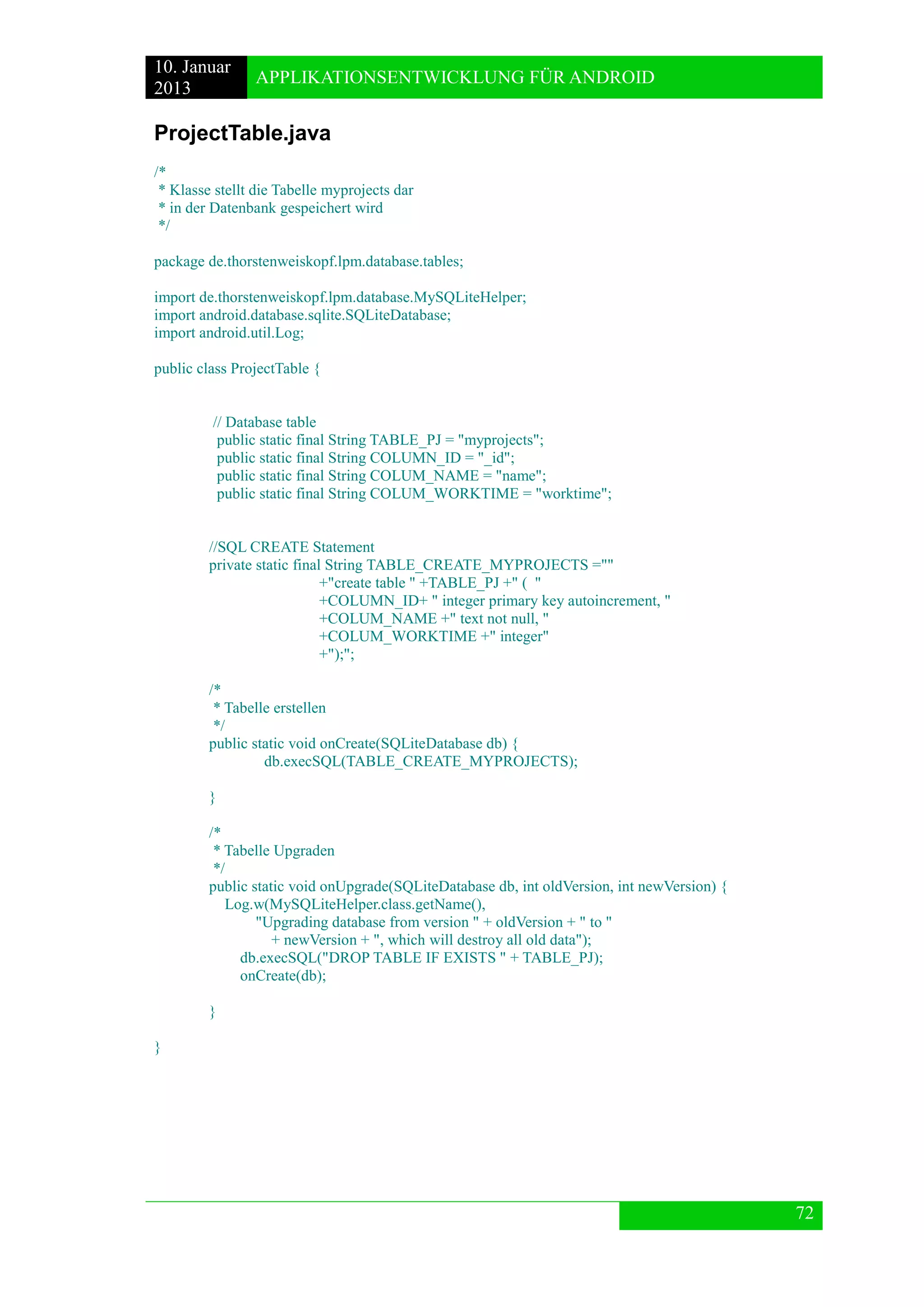 10. Januar 
2013 
APPLIKATIONSENTWICKLUNG FÜR ANDROID 
72 
ProjectTable.java 
/* 
* Klasse stellt die Tabelle myprojects dar 
* in der Datenbank gespeichert wird 
*/ 
package de.thorstenweiskopf.lpm.database.tables; 
import de.thorstenweiskopf.lpm.database.MySQLiteHelper; 
import android.database.sqlite.SQLiteDatabase; 
import android.util.Log; 
public class ProjectTable { 
// Database table 
public static final String TABLE_PJ = "myprojects"; 
public static final String COLUMN_ID = "_id"; 
public static final String COLUM_NAME = "name"; 
public static final String COLUM_WORKTIME = "worktime"; 
//SQL CREATE Statement 
private static final String TABLE_CREATE_MYPROJECTS ="" 
+"create table " +TABLE_PJ +" ( " 
+COLUMN_ID+ " integer primary key autoincrement, " 
+COLUM_NAME +" text not null, " 
+COLUM_WORKTIME +" integer" 
+");"; 
/* 
* Tabelle erstellen 
*/ 
public static void onCreate(SQLiteDatabase db) { 
db.execSQL(TABLE_CREATE_MYPROJECTS); 
} 
/* 
* Tabelle Upgraden 
*/ 
public static void onUpgrade(SQLiteDatabase db, int oldVersion, int newVersion) { 
Log.w(MySQLiteHelper.class.getName(), 
"Upgrading database from version " + oldVersion + " to " 
+ newVersion + ", which will destroy all old data"); 
db.execSQL("DROP TABLE IF EXISTS " + TABLE_PJ); 
onCreate(db); 
} 
} 
 