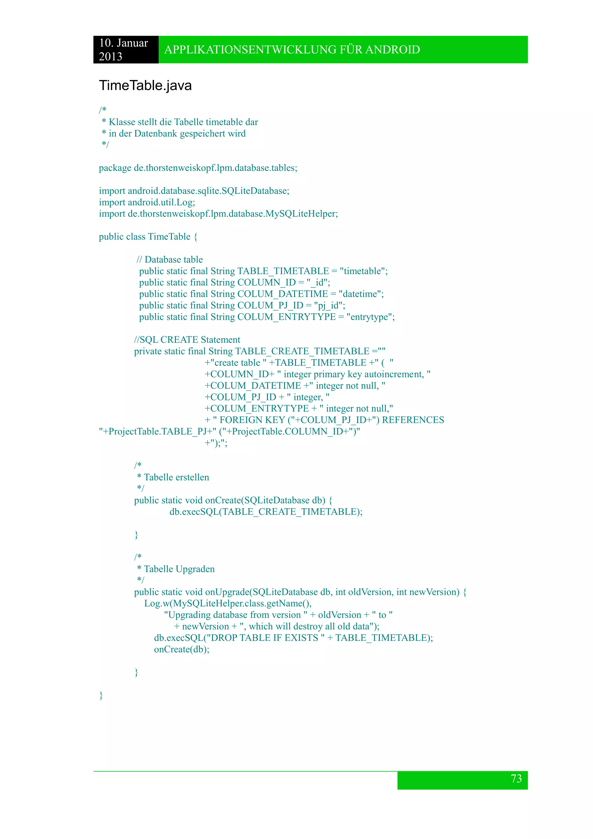 10. Januar 
2013 
APPLIKATIONSENTWICKLUNG FÜR ANDROID 
73 
TimeTable.java 
/* 
* Klasse stellt die Tabelle timetable dar 
* in der Datenbank gespeichert wird 
*/ 
package de.thorstenweiskopf.lpm.database.tables; 
import android.database.sqlite.SQLiteDatabase; 
import android.util.Log; 
import de.thorstenweiskopf.lpm.database.MySQLiteHelper; 
public class TimeTable { 
// Database table 
public static final String TABLE_TIMETABLE = "timetable"; 
public static final String COLUMN_ID = "_id"; 
public static final String COLUM_DATETIME = "datetime"; 
public static final String COLUM_PJ_ID = "pj_id"; 
public static final String COLUM_ENTRYTYPE = "entrytype"; 
//SQL CREATE Statement 
private static final String TABLE_CREATE_TIMETABLE ="" 
+"create table " +TABLE_TIMETABLE +" ( " 
+COLUMN_ID+ " integer primary key autoincrement, " 
+COLUM_DATETIME +" integer not null, " 
+COLUM_PJ_ID + " integer, " 
+COLUM_ENTRYTYPE + " integer not null," 
+ " FOREIGN KEY ("+COLUM_PJ_ID+") REFERENCES "+ProjectTable.TABLE_PJ+" ("+ProjectTable.COLUMN_ID+")" 
+");"; 
/* 
* Tabelle erstellen 
*/ 
public static void onCreate(SQLiteDatabase db) { 
db.execSQL(TABLE_CREATE_TIMETABLE); 
} 
/* 
* Tabelle Upgraden 
*/ 
public static void onUpgrade(SQLiteDatabase db, int oldVersion, int newVersion) { 
Log.w(MySQLiteHelper.class.getName(), 
"Upgrading database from version " + oldVersion + " to " 
+ newVersion + ", which will destroy all old data"); 
db.execSQL("DROP TABLE IF EXISTS " + TABLE_TIMETABLE); 
onCreate(db); 
} 
} 
 