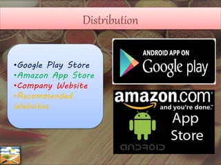 Distribution
•Google Play Store
•Amazon App Store
•Company Website
•Recommended
Websites
 