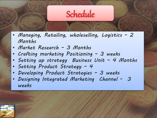 Schedule
• Managing, Retailing, wholeselling, Logistics – 2
Months
• Market Research – 3 Months
• Crafting marketing Positioning – 3 weeks
• Setting up strategy Business Unit – 4 Months
• Setting Product Strategy – 4
• Developing Product Strategies – 3 weeks
• Designing Integrated Marketing Channel - 3
weeks
 