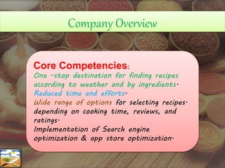 Core Competencies:
One -stop destination for finding recipes
according to weather and by ingredients.
Reduced time and efforts.
Wide range of options for selecting recipes.
depending on cooking time, reviews, and
ratings.
Implementation of Search engine
optimization & app store optimization.
Company Overview
 
