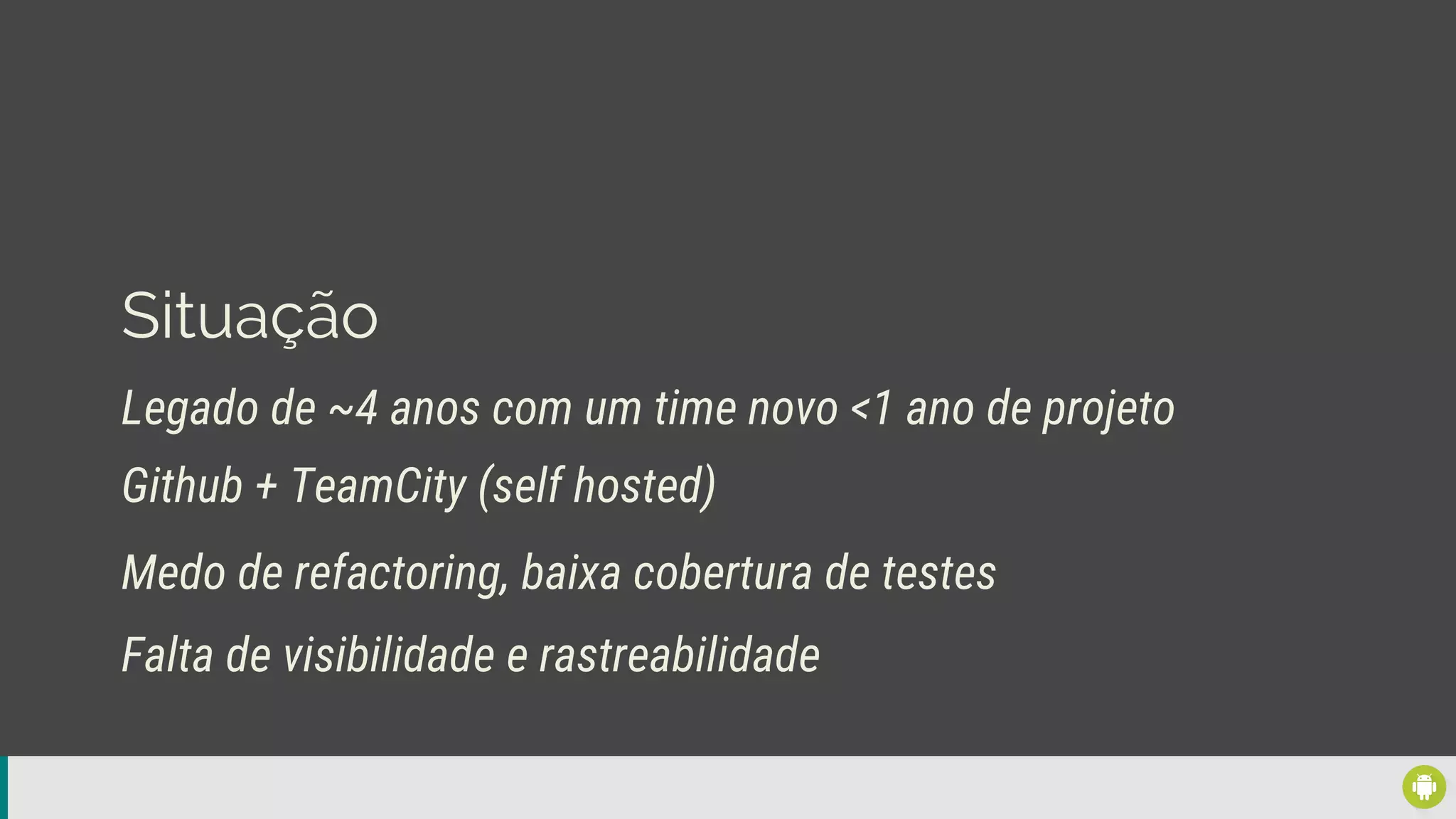 Situação
Legado de ~4 anos com um time novo <1 ano de projeto
Medo de refactoring, baixa cobertura de testes
Github + TeamCity (self hosted)
Falta de visibilidade e rastreabilidade
 