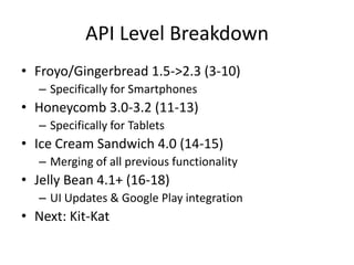 API Level Breakdown
• Froyo/Gingerbread 1.5->2.3 (3-10)
– Specifically for Smartphones
• Honeycomb 3.0-3.2 (11-13)
– Specifically for Tablets
• Ice Cream Sandwich 4.0 (14-15)
– Merging of all previous functionality
• Jelly Bean 4.1+ (16-18)
– UI Updates & Google Play integration
• Next: Kit-Kat