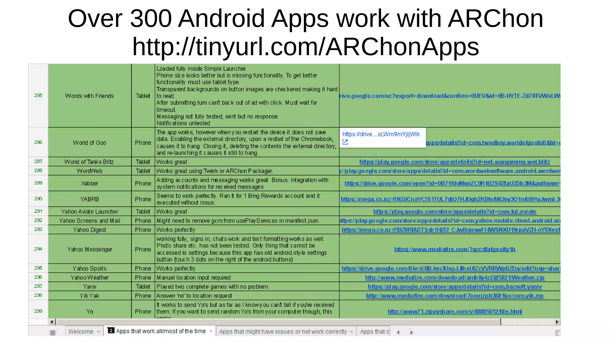 Over 300 Android Apps work with ARChon
http://tinyurl.com/ARChonApps
 