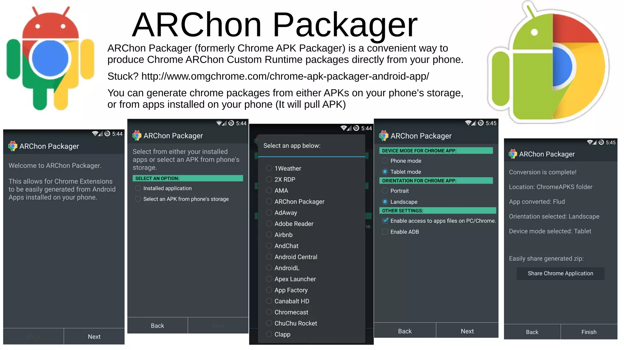 ARChon PackagerARChon Packager (formerly Chrome APK Packager) is a convenient way to
produce Chrome ARChon Custom Runtime packages directly from your phone.
Stuck? http://www.omgchrome.com/chrome-apk-packager-android-app/
You can generate chrome packages from either APKs on your phone's storage,
or from apps installed on your phone (It will pull APK)
 