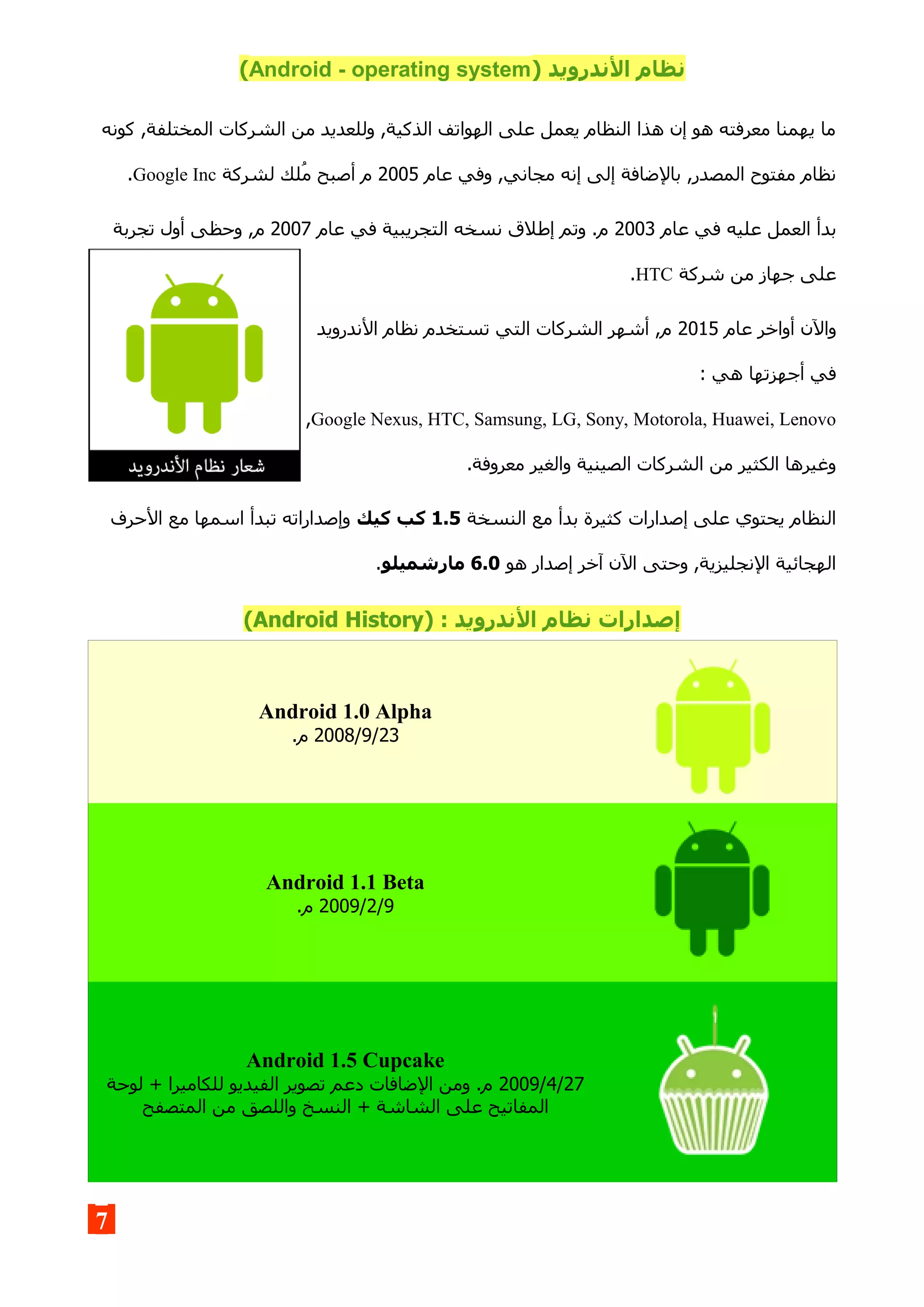 ) ‫الندرويد‬ ‫نظام‬Android - operating system(
‫كونه‬ ,‫المختلفة‬ ‫الشركات‬ ‫من‬ ‫وللعديد‬ ,‫الذكية‬ ‫الهواتف‬ ‫على‬ ‫يعمل‬ ‫النظام‬ ‫هذا‬ ‫إن‬ ‫هو‬ ‫معرفته‬ ‫يهمنا‬ ‫ما‬
‫عام‬ ‫وفي‬ ,‫مجاني‬ ‫إنه‬ ‫إلى‬ ‫بالضافة‬ ,‫المصدر‬ ‫مفتوح‬ ‫نظام‬2005‫لشركة‬ ‫للك‬‫م‬ ‫أصبح‬ ‫م‬Google Inc.
‫عام‬ ‫في‬ ‫عليه‬ ‫العمل‬ ‫بدأ‬2003‫عام‬ ‫في‬ ‫التجريبية‬ ‫نسخه‬ ‫إطلق‬ ‫وتم‬ .‫م‬2007‫تجربة‬ ‫أول‬ ‫وحظى‬ ,‫م‬
‫شركة‬ ‫من‬ ‫جهاز‬ ‫على‬HTC.
‫عام‬ ‫أواخر‬ ‫والن‬2015‫الندرويد‬ ‫نظام‬ ‫تستخدم‬ ‫التي‬ ‫الشركات‬ ‫أشهر‬ ,‫م‬
: ‫هي‬ ‫أجهزتها‬ ‫في‬
Google Nexus, HTC, Samsung, LG, Sony, Motorola, Huawei, Lenovo,
.‫معروفة‬ ‫والغير‬ ‫الصينية‬ ‫الشركات‬ ‫من‬ ‫الكثير‬ ‫وغيرها‬
‫النسخة‬ ‫مع‬ ‫بدأ‬ ‫كثيرة‬ ‫إصدارات‬ ‫على‬ ‫يحتوي‬ ‫النظام‬1.5‫كيك‬ ‫كب‬‫الحرف‬ ‫مع‬ ‫اسمها‬ ‫تبدأ‬ ‫وإصداراته‬
‫هو‬ ‫إصدار‬ ‫آخر‬ ‫الن‬ ‫وحتى‬ ,‫النجليزية‬ ‫الهجائية‬6.0‫مارشميلو‬.
) : ‫الندرويد‬ ‫نظام‬ ‫إصدارات‬Android History(
Android 1.0 Alpha
2008/9/23.‫م‬
Android 1.1 Beta
2009/2/9.‫م‬
Android 1.5 Cupcake
2009/4/27‫لوحة‬ + ‫للكاميرا‬ ‫الفيديو‬ ‫تصوير‬ ‫دعم‬ ‫الضافات‬ ‫ومن‬ .‫م‬
‫المتصفح‬ ‫من‬ ‫واللصق‬ ‫النسخ‬ + ‫الشاشة‬ ‫على‬ ‫المفاتيح‬
7
 