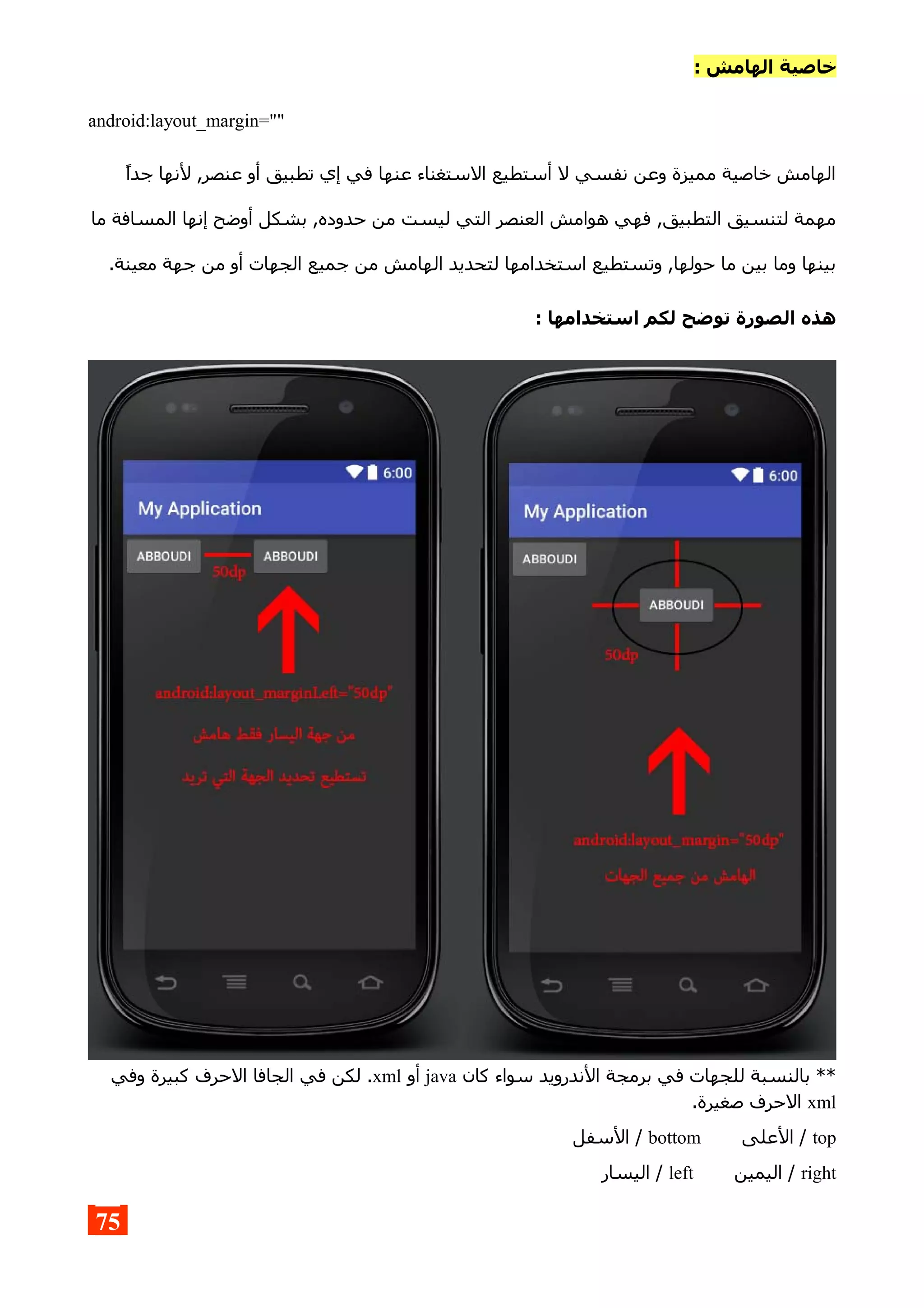 : ‫الهامش‬ ‫خاصية‬
android:layout_margin=""
‫جدا‬ ‫لنها‬ ,‫عنصر‬ ‫أو‬ ‫تطبيق‬ ‫إي‬ ‫في‬ ‫عنها‬ ‫الستغناء‬ ‫أستطيع‬ ‫ل‬ ‫نفسي‬ ‫وعن‬ ‫مميزة‬ ‫خاصية‬ ‫الهامش‬
‫ما‬ ‫المسافة‬ ‫إنها‬ ‫أوضح‬ ‫بشكل‬ ,‫حدوده‬ ‫من‬ ‫ليست‬ ‫التي‬ ‫العنصر‬ ‫هوامش‬ ‫فهي‬ ,‫التطبيق‬ ‫لتنسيق‬ ‫مهمة‬
.‫معينة‬ ‫جهة‬ ‫من‬ ‫أو‬ ‫الجهات‬ ‫جميع‬ ‫من‬ ‫الهامش‬ ‫لتحديد‬ ‫استخدامها‬ ‫وتستطيع‬ ,‫حولها‬ ‫ما‬ ‫بين‬ ‫وما‬ ‫بينها‬
: ‫استخدامها‬ ‫لكم‬ ‫توضح‬ ‫الصورة‬ ‫هذه‬
‫كان‬ ‫سواء‬ ‫الندرويد‬ ‫برمجة‬ ‫في‬ ‫للجهات‬ ‫بالنسبة‬ **java‫أو‬xml‫وفي‬ ‫كبيرة‬ ‫الحرف‬ ‫الجافا‬ ‫في‬ ‫لكن‬ .
xml.‫صغيرة‬ ‫الحرف‬
top‫العلى‬ /bottom‫السفل‬ /
right‫اليمين‬ /left‫اليسار‬ /
75
 