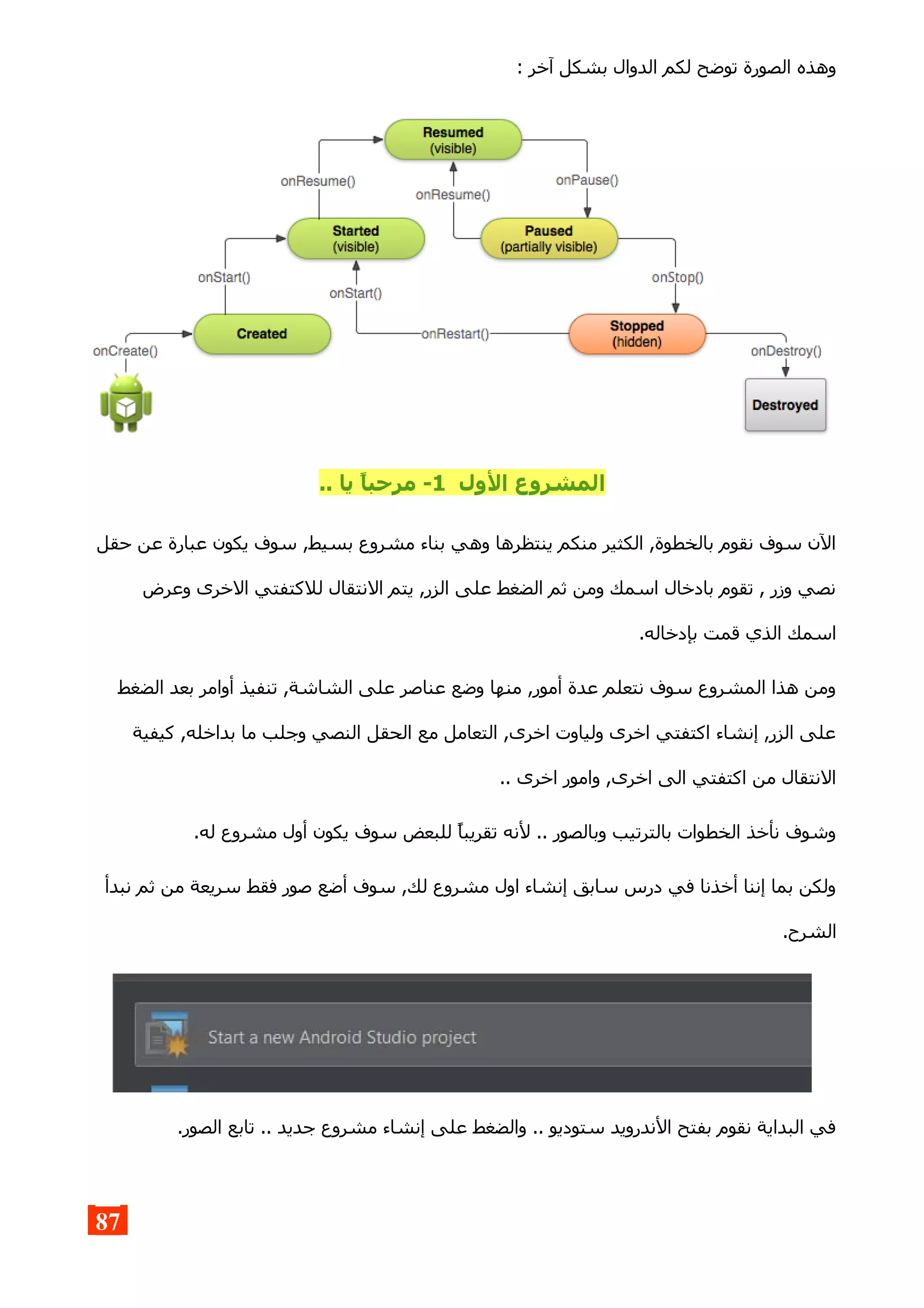 : ‫آخر‬ ‫بشكل‬ ‫الدوال‬ ‫لكم‬ ‫توضح‬ ‫الصورة‬ ‫وهذه‬
‫الول‬ ‫المشروع‬1.. ‫يا‬ ,‫ا‬‫مرحب‬ -
‫حقل‬ ‫عن‬ ‫عبارة‬ ‫يكون‬ ‫سوف‬ ,‫بسيط‬ ‫مشروع‬ ‫بناء‬ ‫وهي‬ ‫ينتظرها‬ ‫منكم‬ ‫الكثير‬ ,‫بالخطوة‬ ‫نقوم‬ ‫سوف‬ ‫الن‬
‫وعرض‬ ‫الخرى‬ ‫للكتفتي‬ ‫النتقال‬ ‫يتم‬ ,‫الزر‬ ‫على‬ ‫الضغط‬ ‫ثم‬ ‫ومن‬ ‫اسمك‬ ‫بادخال‬ ‫تقوم‬ , ‫وزر‬ ‫نصي‬
.‫بإدخاله‬ ‫قمت‬ ‫الذي‬ ‫اسمك‬
‫الضغط‬ ‫بعد‬ ‫أوامر‬ ‫تنفيذ‬ ,‫الشاشة‬ ‫على‬ ‫عناصر‬ ‫وضع‬ ‫منها‬ ,‫أمور‬ ‫عدة‬ ‫نتعلم‬ ‫سوف‬ ‫المشروع‬ ‫هذا‬ ‫ومن‬
‫كيفية‬ ,‫بداخله‬ ‫ما‬ ‫وجلب‬ ‫النصي‬ ‫الحقل‬ ‫مع‬ ‫التعامل‬ ,‫اخرى‬ ‫ولياوت‬ ‫اخرى‬ ‫اكتفتي‬ ‫إنشاء‬ ,‫الزر‬ ‫على‬
.. ‫اخرى‬ ‫وامور‬ ,‫اخرى‬ ‫الى‬ ‫اكتفتي‬ ‫من‬ ‫النتقال‬
.‫له‬ ‫مشروع‬ ‫أول‬ ‫يكون‬ ‫سوف‬ ‫للبعض‬ ‫تقريبا‬ ‫لنه‬ .. ‫وبالصور‬ ‫بالترتيب‬ ‫الخطوات‬ ‫نأخذ‬ ‫وشوف‬
‫نبدأ‬ ‫ثم‬ ‫من‬ ‫سريعة‬ ‫فقط‬ ‫صور‬ ‫أضع‬ ‫سوف‬ ,‫لك‬ ‫مشروع‬ ‫اول‬ ‫إنشاء‬ ‫سابق‬ ‫درس‬ ‫في‬ ‫أخذنا‬ ‫إننا‬ ‫بما‬ ‫ولكن‬
.‫الشرح‬
.‫الصور‬ ‫تابع‬ .. ‫جديد‬ ‫مشروع‬ ‫إنشاء‬ ‫على‬ ‫والضغط‬ .. ‫ستوديو‬ ‫الندرويد‬ ‫بفتح‬ ‫نقوم‬ ‫البداية‬ ‫في‬
87
 