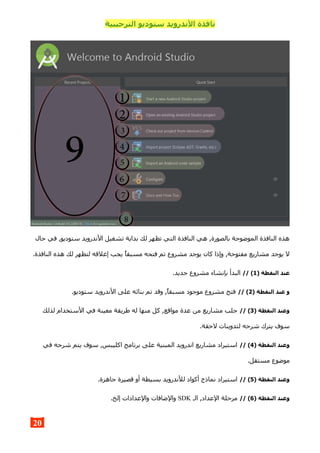 ‫الترحيبية‬ ‫ستوديو‬ ‫الندرويد‬ ‫نافذة‬
‫حال‬ ‫في‬ ,‫ستوديو‬ ‫الندرويد‬ ‫تشغيل‬ ‫بداية‬ ‫لك‬ ‫تظهر‬ ‫التي‬ ‫النافذة‬ ‫هي‬ ,‫بالصورة‬ ‫الموضوحة‬ ‫النافذة‬ ‫هذه‬
.‫النافذة‬ ‫هذه‬ ‫لك‬ ‫لتظهر‬ ‫إغلقه‬ ‫يجب‬ ‫مسبقا‬ ‫فتحه‬ ‫تم‬ ‫مشروع‬ ‫يوجد‬ ‫كان‬ ‫وإذا‬ ,‫مفتوحة‬ ‫مشاريع‬ ‫يوجد‬ ‫ل‬
) ‫النقطة‬ ‫عند‬1// (.‫جديد‬ ‫مشروع‬ ‫بإنشاء‬ ‫البدأ‬
) ‫النقطة‬ ‫عند‬ ‫و‬2// (.‫ستوديو‬ ‫الندرويد‬ ‫على‬ ‫بنائه‬ ‫تم‬ ‫وقد‬ ,‫مسبقا‬ ‫موجود‬ ‫مشروع‬ ‫فتح‬
) ‫النقطة‬ ‫وعند‬3// (‫لذلك‬ ‫الستخدام‬ ‫في‬ ‫معينة‬ ‫طريقة‬ ‫له‬ ‫منها‬ ‫كل‬ ,‫مواقع‬ ‫عدة‬ ‫من‬ ‫مشاريع‬ ‫جلب‬
.‫لحقة‬ ‫لتدوينات‬ ‫شرحه‬ ‫يترك‬ ‫سوف‬
) ‫النقطة‬ ‫وعند‬4// (‫في‬ ‫شرحه‬ ‫يتم‬ ‫سوف‬ ,‫اكليبس‬ ‫برنامج‬ ‫على‬ ‫المبنية‬ ‫اندرويد‬ ‫مشاريع‬ ‫استيراد‬
.‫مستقل‬ ‫موضوع‬
) ‫النقطة‬ ‫وعند‬5// (.‫جاهزة‬ ‫قصيرة‬ ‫أو‬ ‫بسيطة‬ ‫للندرويد‬ ‫أكواد‬ ‫نماذج‬ ‫استيراد‬
) ‫النقطة‬ ‫وعند‬6// (‫الـ‬ ,‫العداد‬ ‫مرحلة‬SDK.‫إلخ‬ ‫والعدادات‬ ‫والضافات‬
20
 