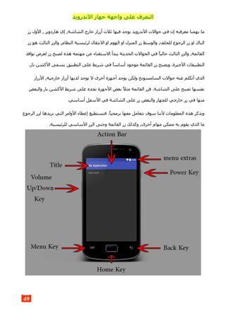‫الندرويد‬ ‫جهاز‬ ‫واجهة‬ ‫على‬ ‫التعرف‬
‫زر‬ ‫الول‬ , ‫هاردوير‬ ‫إي‬ ,‫الشاشة‬ ‫خارج‬ ‫أزرار‬ ‫ثلث‬ ‫فيها‬ ‫يوجد‬ ‫الندرويد‬ ‫جوالت‬ ‫في‬ ‫إن‬ ‫معرفته‬ ‫يهمنا‬ ‫ما‬
‫زر‬ ‫هو‬ ‫الثالث‬ ‫والزر‬ ,‫النظام‬ ‫لرئيسية‬ ‫النتقال‬ ‫او‬ ‫الهوم‬ ‫او‬ ‫المنزل‬ ‫زر‬ ‫والوسط‬ ,‫للخلف‬ ‫الرجوع‬ ‫زر‬ ‫او‬ ‫الباك‬
‫نوافذ‬ ‫لعرض‬ ‫زر‬ ‫لصبح‬ ‫هذه‬ ‫مهتمه‬ ‫عن‬ ‫الستغناء‬ ‫يبدأ‬ ‫الحديثة‬ ‫الجوالت‬ ‫في‬ ‫حاليا‬ ‫الثالث‬ ‫والزر‬ ,‫القائمة‬
.‫بار‬ ‫الكشن‬ ‫يسمى‬ ‫التطبيق‬ ‫على‬ ‫شريط‬ ‫في‬ ‫أساسا‬ ‫موجود‬ ‫القائمة‬ ‫زر‬ ‫ويصبح‬ .‫الخيرة‬ ‫التطبيقات‬
‫الزرار‬ ,‫خارجية‬ ‫أزرار‬ ‫لديها‬ ‫يوجد‬ ‫ل‬ ‫أخرى‬ ‫أجهزة‬ ‫يوجد‬ ‫ولكن‬ ‫السامسونج‬ ‫جوالت‬ ‫عنه‬ ‫أتكلم‬ ‫الذي‬
‫والبعض‬ ‫بار‬ ‫الكشن‬ ‫شريط‬ ‫على‬ ‫تجده‬ ‫الجهزة‬ ‫بعض‬ ‫مثل‬ ‫القائمة‬ ‫فزر‬ .‫الشاشة‬ ‫على‬ ‫تصبح‬ ‫نفسها‬
.‫أساسي‬ ‫السفل‬ ‫في‬ ‫الشاشة‬ ‫على‬ ‫زر‬ ‫والبعض‬ ‫للجهاز‬ ‫خارجي‬ ‫زر‬ ‫في‬ ‫منها‬
‫الرجوع‬ ‫لزر‬ ‫نريدها‬ ‫التي‬ ‫الوامر‬ ‫إعطاء‬ ‫فنستطيع‬ .‫برمجيا‬ ‫معها‬ ‫نتعامل‬ ‫سوف‬ ‫لننا‬ ‫المعلومات‬ ‫هذه‬ ‫ونذكر‬
.‫للرئيسية‬ ‫الساسي‬ ‫الزر‬ ‫وحتى‬ ‫القائمة‬ ‫زر‬ ‫وكذلك‬ ,‫أخرى‬ ‫مهام‬ ‫ممكن‬ ‫به‬ ‫يقوم‬ ‫الذي‬ ‫ما‬
49
 