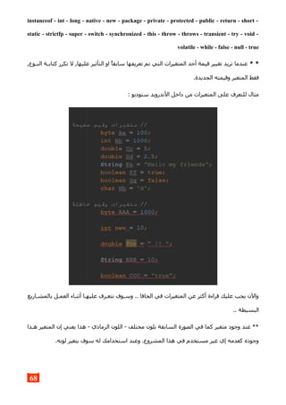 instanceof - int - long - native - new - package - private - protected - public - return - short -
static - strictfp - super - switch - synchronized - this - throw - throws - transient - try - void -
volatile - while - false - null - true
* *,‫ـوع‬‫ـ‬‫الن‬ ‫ـة‬‫ـ‬‫كتاب‬ ‫تكرر‬ ‫ل‬ ,‫عليها‬ ‫التأثير‬ ‫او‬ ‫سابقا‬ ‫تعريفها‬ ‫تم‬ ‫التي‬ ‫المتغيرات‬ ‫أحد‬ ‫قيمة‬ ‫تغيير‬ ‫تريد‬ ‫عندما‬
.‫الجديدة‬ ‫وقيمته‬ ‫المتغير‬ ‫فقط‬
: ‫ستوديو‬ ‫الندرويد‬ ‫داخل‬ ‫من‬ ‫المتغيرات‬ ‫على‬ ‫للتعرف‬ ‫مثال‬
‫ـاريع‬‫ـ‬‫بالمش‬ ‫ـل‬‫ـ‬‫العم‬ ‫أثنـاء‬ ‫ـا‬‫ـ‬‫عليه‬ ‫ـرف‬‫ـ‬‫نتع‬ ‫ـوف‬‫ـ‬‫وس‬ .. ‫الجافا‬ ‫في‬ ‫المتغيرات‬ ‫عن‬ ‫أكثر‬ ‫قراءة‬ ‫عليك‬ ‫يجب‬ ‫والن‬
.. ‫البسيطة‬
‫ـذا‬‫ـ‬‫ه‬ ‫المتغير‬ ‫إن‬ ‫يعني‬ ‫هذا‬ - ‫الرمادي‬ ‫اللون‬ - ‫مختلف‬ ‫بلون‬ ‫السابقة‬ ‫الصورة‬ ‫في‬ ‫كما‬ ‫متغير‬ ‫وجود‬ ‫عند‬ **
.‫لونه‬ ‫يتغير‬ ‫سوف‬ ‫له‬ ‫استخدامك‬ ‫وعند‬ .‫المشروع‬ ‫هذا‬ ‫في‬ ‫مستخدم‬ ‫غير‬ ‫إي‬ ‫كعدمه‬ ‫وجوده‬
68
 