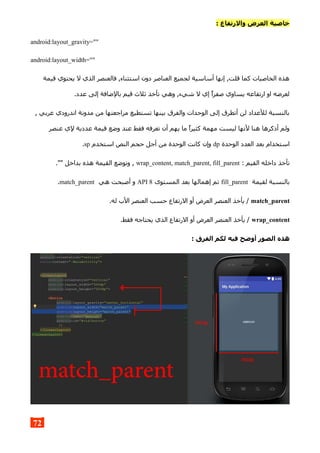 : ‫والرتفاع‬ ‫العرض‬ ‫خاصية‬
android:layout_gravity=""
android:layout_width=""
‫قيمة‬ ‫يحتوي‬ ‫ل‬ ‫الذي‬ ‫فالعنصر‬ ,‫استثناء‬ ‫دون‬ ‫العناصر‬ ‫لجميع‬ ‫أساسية‬ ‫إنها‬ ,‫قلت‬ ‫كما‬ ‫الخاصيات‬ ‫هذه‬
.‫عدد‬ ‫إلى‬ ‫بالضافة‬ ‫قيم‬ ‫ثلث‬ ‫تأخذ‬ ‫وهي‬ ,‫شيء‬ ‫ل‬ ‫إي‬ ‫صفرا‬ ‫يساوي‬ ‫ارتفاعه‬ ‫او‬ ‫لعرضه‬
, ‫عربي‬ ‫اندرودي‬ ‫مدونة‬ ‫من‬ ‫مراجعتها‬ ‫تستطيع‬ ‫بينها‬ ‫والفرق‬ ‫الوحدات‬ ‫إلى‬ ‫أتطرق‬ ‫لن‬ ‫للعداد‬ ‫بالنسبة‬
‫عنصر‬ ‫لي‬ ‫عددية‬ ‫قيمة‬ ‫وضع‬ ‫عند‬ ‫فقط‬ ‫تعرفه‬ ‫أن‬ ‫يهم‬ ‫ما‬ ‫كثيرا‬ ‫مهمة‬ ‫ليست‬ ‫لنها‬ ‫هنا‬ ‫أذكرها‬ ‫ولم‬
‫الوحدة‬ ‫العدد‬ ‫بعد‬ ‫استخدام‬dp‫استخدم‬ ‫النص‬ ‫حجم‬ ‫أجل‬ ‫من‬ ‫الوحدة‬ ‫كانت‬ ‫وإن‬sp.
: ‫القيم‬ ‫داخله‬ ‫تأخذ‬wrap_content, match_parent, fill_parent."" ‫بداخل‬ ‫هذه‬ ‫القيمة‬ ‫وتوضع‬ ,
‫لقيمة‬ ‫بالنسبة‬fill_parent‫المستوى‬ ‫بعد‬ ‫إهمالها‬ ‫تم‬API 8‫هي‬ ‫أصبحت‬ ‫و‬match_parent.
match_parent.‫له‬ ‫الب‬ ‫العنصر‬ ‫حسب‬ ‫الرتفاع‬ ‫أو‬ ‫العرض‬ ‫العنصر‬ ‫يأخذ‬ /
wrap_content.‫فقط‬ ‫يحتاجه‬ ‫الذي‬ ‫الرتفاع‬ ‫أو‬ ‫العرض‬ ‫العنصر‬ ‫يأخذ‬ /
: ‫الفرق‬ ‫لكم‬ ‫فيه‬ ‫أوضح‬ ‫الصور‬ ‫هذه‬
72
 