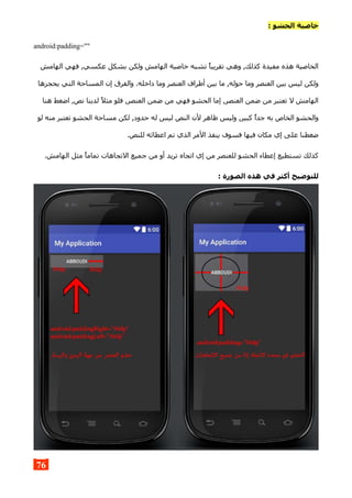: ‫الحشو‬ ‫خاصية‬
android:padding=""
‫الهامش‬ ‫فهي‬ ,‫عكسي‬ ‫بشكل‬ ‫ولكن‬ ‫الهامش‬ ‫خاصية‬ ‫تشبه‬ ‫تقريبا‬ ‫وهي‬ ,‫كذلك‬ ‫مفيدة‬ ‫هذه‬ ‫الخاصية‬
‫يحجزها‬ ‫التي‬ ‫المساحة‬ ‫إن‬ ‫والفرق‬ .‫داخله‬ ‫وما‬ ‫العنصر‬ ‫أطراف‬ ‫بين‬ ‫ما‬ ,‫حوله‬ ‫وما‬ ‫العنصر‬ ‫بين‬ ‫ليس‬ ‫ولكن‬
‫هنا‬ ‫اضغط‬ ,‫نص‬ ‫لدينا‬ ‫مثل‬ ‫فلو‬ ,‫العنصر‬ ‫ضمن‬ ‫من‬ ‫فهي‬ ‫الحشو‬ ‫إما‬ ,‫العنصر‬ ‫ضمن‬ ‫من‬ ‫تعتبر‬ ‫ل‬ ‫الهامش‬
‫لو‬ ‫منه‬ ‫تعتبر‬ ‫الحشو‬ ‫مساحة‬ ‫لكن‬ ,‫حدود‬ ‫له‬ ‫ليس‬ ‫النص‬ ‫لن‬ ‫ظاهر‬ ‫وليس‬ ,‫كبير‬ ‫جدا‬ ‫به‬ ‫الخاص‬ ‫والحشو‬
.‫للنص‬ ‫اعطائه‬ ‫تم‬ ‫الذي‬ ‫المر‬ ‫ينفذ‬ ‫فسوف‬ ‫فيها‬ ‫مكان‬ ‫إي‬ ‫على‬ ‫ضغطنا‬
.‫الهامش‬ ‫مثل‬ ‫تماما‬ ‫التجاهات‬ ‫جميع‬ ‫من‬ ‫أو‬ ‫تريد‬ ‫اتجاه‬ ‫إي‬ ‫من‬ ‫للعنصر‬ ‫الحشو‬ ‫إعطاء‬ ‫تستطيع‬ ‫كذلك‬
: ‫الصورة‬ ‫هذه‬ ‫في‬ ‫أكثر‬ ‫للتوضيح‬
76
 
