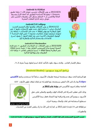 Android 4.4 KitKat
2013/10/31‫تطبيق‬ ‫ترقية‬ + ‫الن‬ ‫جوجل‬ ‫تحسين‬ ‫الضافات‬ ‫ومن‬ .‫م‬
Hangouts‫وشريط‬ ‫الزرار‬ ‫اخفاء‬ ‫اي‬ ‫للتطبيق‬ ‫الشاشة‬ ‫مل‬ ‫وضع‬ +
‫مثل‬ ‫التخزين‬ ‫بتطبيقات‬ ‫اكبر‬ ‫بشكل‬ ‫التحكم‬ + ‫بار‬ ‫والكشن‬ ‫الحالة‬
‫المخزنة‬ ‫الملفات‬ ‫لدارة‬ ‫درايف‬ ‫جوجل‬
Android 5.0 Lollipop
2014/11/12‫الحديث‬ ‫التصميم‬ ‫نظام‬ ‫وأهمها‬ ‫الضافات‬ ‫ومن‬ .‫م‬
‫عمر‬ + ‫عليها‬ ‫الشعارات‬ ‫تظهر‬ ‫جديد‬ ‫قفل‬ ‫شاشة‬ + ‫ديزاين‬ ‫الماتريال‬
‫زائر‬ ‫إضافة‬ + ‫العدادات‬ ‫في‬ ‫بحث‬ + ‫الطاقة‬ ‫توفير‬ ‫مع‬ ‫للبطارية‬ ‫اطول‬
+ ‫الشاشة‬ ‫الوان‬ ‫تغيير‬ + ‫محدودة‬ ‫بأمكانيات‬ ‫جهازك‬ ‫ليتصفح‬ ‫لجهازك‬
‫اسرع‬ ‫وصول‬ + ‫الجهاز‬ ‫اطفاء‬ ‫بعد‬ ‫حتى‬ ‫الخيرة‬ ‫للتطبيقات‬ ‫الوصول‬
‫إلخ‬ ‫والبطارية‬ ‫الذاكرة‬ ‫واستخدام‬ ‫للعدادات‬
Android 6.0 Marshmallow
2015/10/05‫قارئ‬ ‫دعم‬ + ‫للتطبيق‬ ‫الصلحيات‬ ‫حد‬ ‫الضافات‬ ‫ومن‬ .‫م‬
‫لطالة‬ ‫جديدة‬ ‫تقنية‬ + ‫معه‬ ‫التعامل‬ ‫للمبرمجين‬ ‫متاح‬ ‫ليصبح‬ ‫البصمة‬
‫اداء‬ ‫مراقبة‬ + ‫تلقائي‬ ‫احتياطي‬ ‫نسخ‬ + ‫الطاقة‬ ‫وحفظ‬ ‫البطارية‬ ‫عمر‬
‫للذاكرة‬ ‫واستهلكها‬ ‫التطبيقات‬
‫سوف‬ ‫والذي‬ .. ‫القادم‬ ‫الصدار‬ ‫بنتظار‬‫يكون‬‫الـ‬ ‫بحرف‬ ‫ويبدأ‬ ‫لحلوى‬ ‫اسم‬ ‫كذلك‬ ‫بالتأكيد‬N.
) : ‫ستوديو‬ ‫أندرويد‬ ‫برنامج‬Android Studio(
‫برنامج‬ ‫نستخدم‬ ‫كنا‬ ‫سابقا‬ ,‫الندرويد‬ ‫تطبيقات‬ ‫لبرمجة‬ ‫نستخدمه‬ ‫سوف‬ ‫الذي‬ ‫البرنامج‬ ‫هو‬‫الكليبس‬
Eclipse‫الدوات‬ ‫تطوير‬ ‫إيقاف‬ ‫إعلن‬ ‫تم‬ ‫إنه‬ ‫العلم‬ ‫مع‬ ,‫يستخدمه‬ ‫البعض‬ ‫الن‬ ‫إلى‬ ‫زال‬ ‫وما‬ADT
‫في‬ ‫للكليبس‬ ‫اندرويد‬ ‫بنظام‬ ‫الخاصة‬‫عام‬ ‫نهاية‬2015‫م‬.
‫لكي‬ ‫وذلك‬‫الشركة‬ ‫تعطي‬‫وال‬ ‫الوقت‬ ‫المكان‬ ‫قدر‬‫والتفكير‬ ‫جهد‬‫جعل‬ ‫على‬
‫الكليبس‬ ‫بينما‬ ,‫فقط‬ ‫المجال‬ ‫لهذا‬ ‫واحترافية‬ ‫تقدم‬ ‫أكثر‬ ‫ستوديو‬ ‫الندرويد‬
.‫آخرى‬ ‫برمجية‬ ‫وأعمال‬ ‫لغات‬ ‫في‬ ‫أستخدامه‬ ‫تستطيع‬
‫في‬ ‫إطلقه‬ ‫تم‬Google I/0‫لعام‬2013‫التحديثات‬ ‫من‬ ‫العديد‬ ‫يتلقى‬ ‫زال‬ ‫ما‬ ‫الن‬ ‫إلى‬ ‫إنه‬ ‫كما‬ .‫م‬
.‫والتطويرات‬
‫هو‬ ‫ستوديو‬ ‫أندرويد‬ ‫برنامج‬ ‫إصدار‬ ,‫الكتاب‬ ‫هذا‬ ‫في‬ ‫المستخدم‬ ‫الشرح‬ ‫حسب‬Android Studio 1.4
9
 