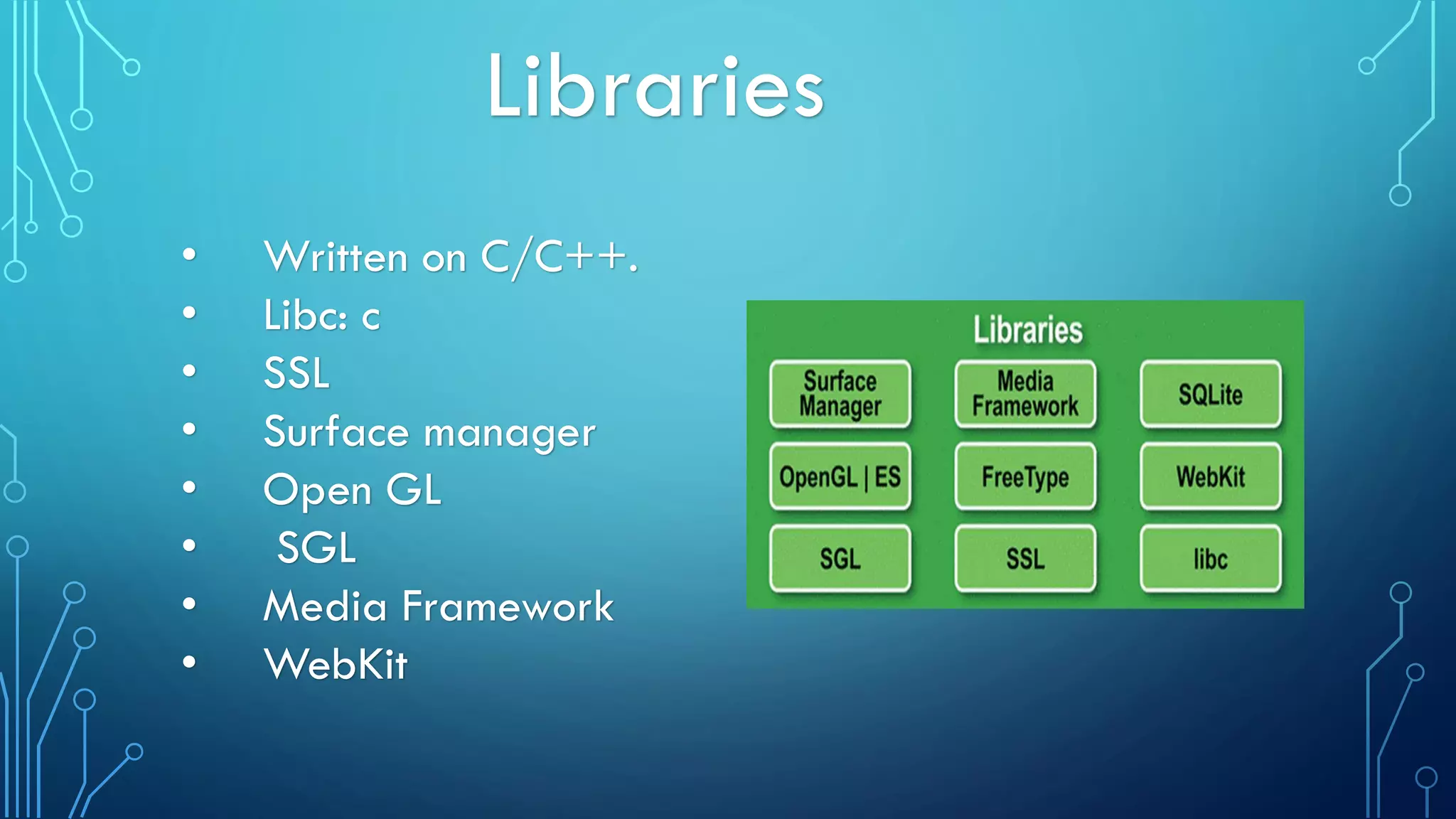 Libraries
• Written on C/C++.
• Libc: c
• SSL
• Surface manager
• Open GL
• SGL
• Media Framework
• WebKit
 