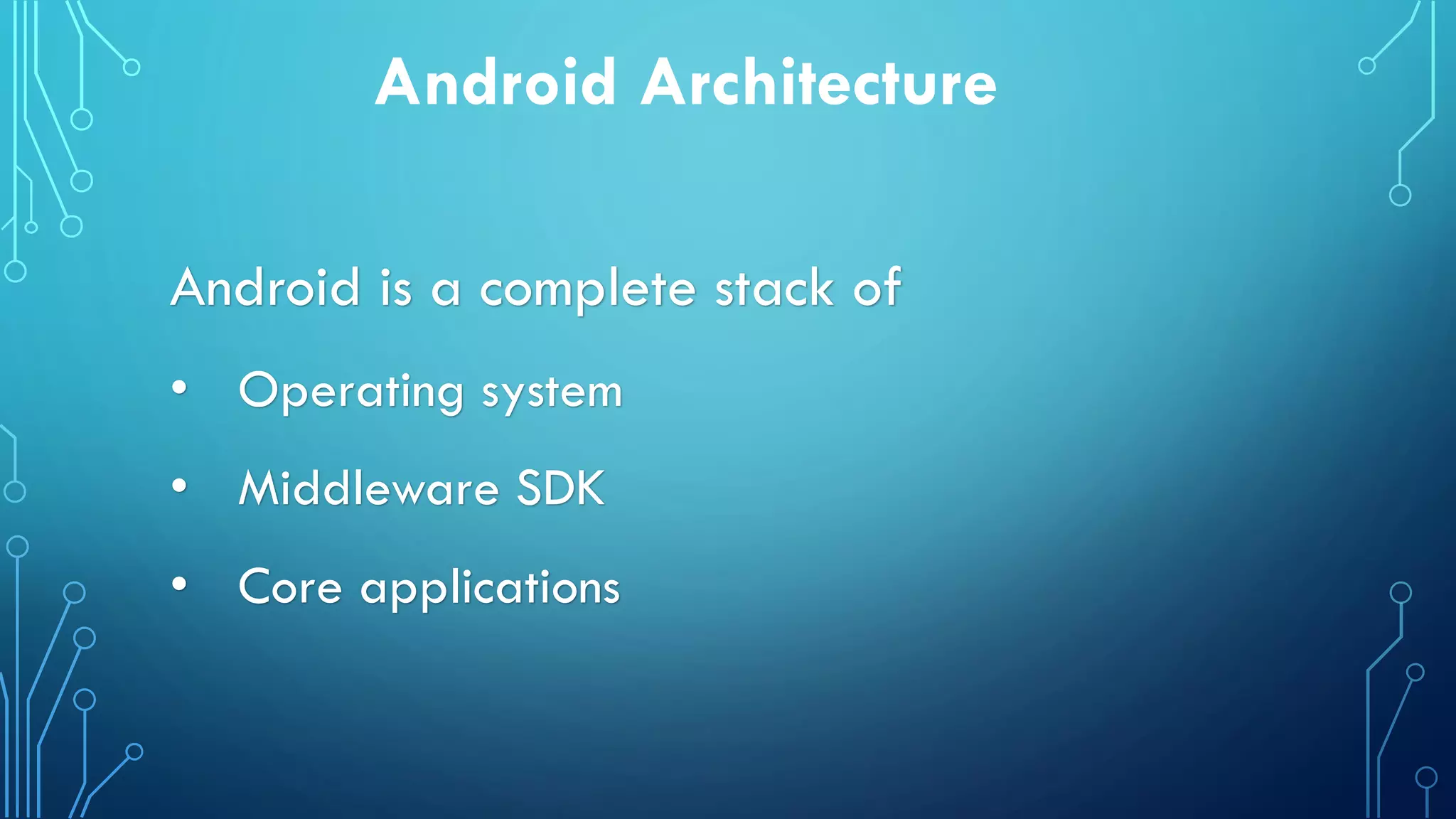 Android Architecture
Android is a complete stack of
• Operating system
• Middleware SDK
• Core applications
 