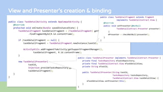 View and Presenter’s creation & binding
public class TaskDetailActivity extends AppCompatActivity {
@Override
protected void onCreate(Bundle savedInstanceState) {
TaskDetailFragment taskDetailFragment = (TaskDetailFragment) getSupportFragmentManager()
.findFragmentById(R.id.contentFrame);
if (taskDetailFragment == null) {
taskDetailFragment = TaskDetailFragment.newInstance(taskId);
ActivityUtils.addFragmentToActivity(getSupportFragmentManager(),
taskDetailFragment, R.id.contentFrame);
}
new TaskDetailPresenter(
taskId,
Injection.provideTasksRepository(getApplicationContext()),
taskDetailFragment);
}
}
public class TaskDetailFragment extends Fragment
implements TaskDetailContract.View {
@Override
public void setPresenter(@NonNull
TaskDetailContract.Presenter presenter)
{
mPresenter = checkNotNull(presenter);
}
}
public class TaskDetailPresenter implements TaskDetailContract.Presenter {
private final TasksRepository mTasksRepository;
private final TaskDetailContract.View mTaskDetailView;
private String mTaskId;
public TaskDetailPresenter(String taskId,
TasksRepository tasksRepository,
TaskDetailContract.View taskDetailView) {
mTaskDetailView.setPresenter(this);
}
}
 
