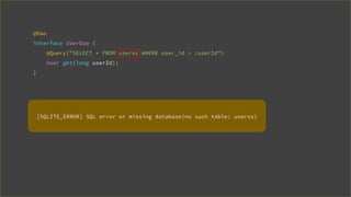 @Dao
interface UserDao {
@Query("SELECT * FROM userss WHERE user_id = :userId")
User get(long userId);
}
[SQLITE_ERROR] SQL error or missing database(no such table: userss)
 