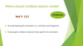 Where should LiveData objects reside?
WHY ???
 To avoid bloating UI controllers i.e. activities and fragments
 To decouple LiveData instances from specific UI controllers
viewmodel
 