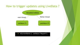How to trigger updates using LiveData ?
 mCurrentName () . setValue (“Mayank”);
MutableLiveData
setValue (T) postValue (T)
main thread Worker thread
 
