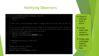 Notifying Observers
❖ Checks if
Lifecycle
state is
active
❖ Checks
latest data
version is
dispatched
❖ Finally calls
onChanged
method
with new
Data
 