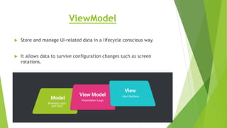 ViewModel
 Store and manage UI-related data in a lifecycle conscious way.
 It allows data to survive configuration changes such as screen
rotations.
 