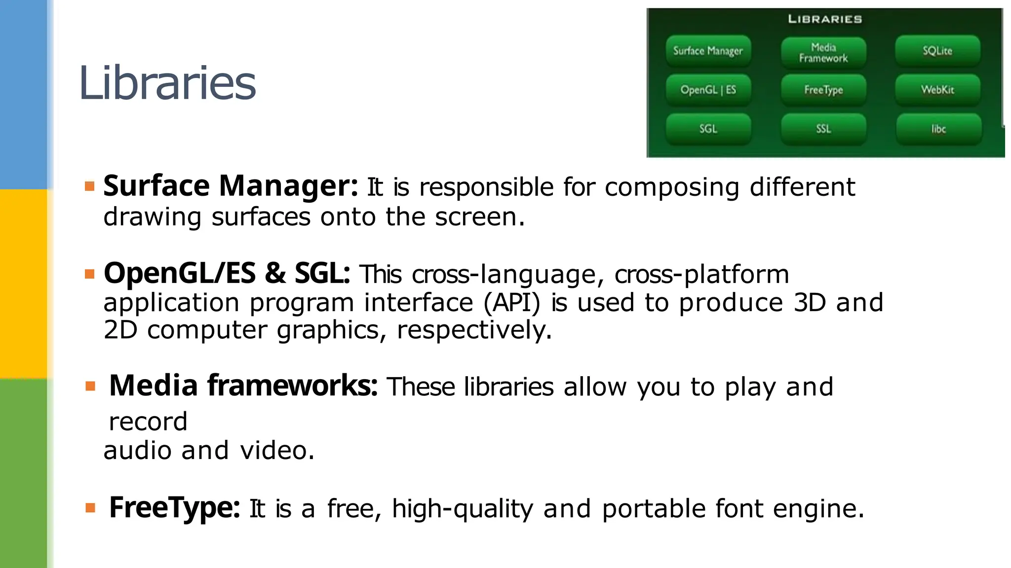 Libraries
▪ Surface Manager: It is responsible for composing different
drawing surfaces onto the screen.
▪ OpenGL/ES & SGL: This cross-language, cross-platform
application program interface (API) is used to produce 3D and
2D computer graphics, respectively.
▪ Media frameworks: These libraries allow you to play and
record
audio and video.
▪ FreeType: It is a free, high-quality and portable font engine.
 