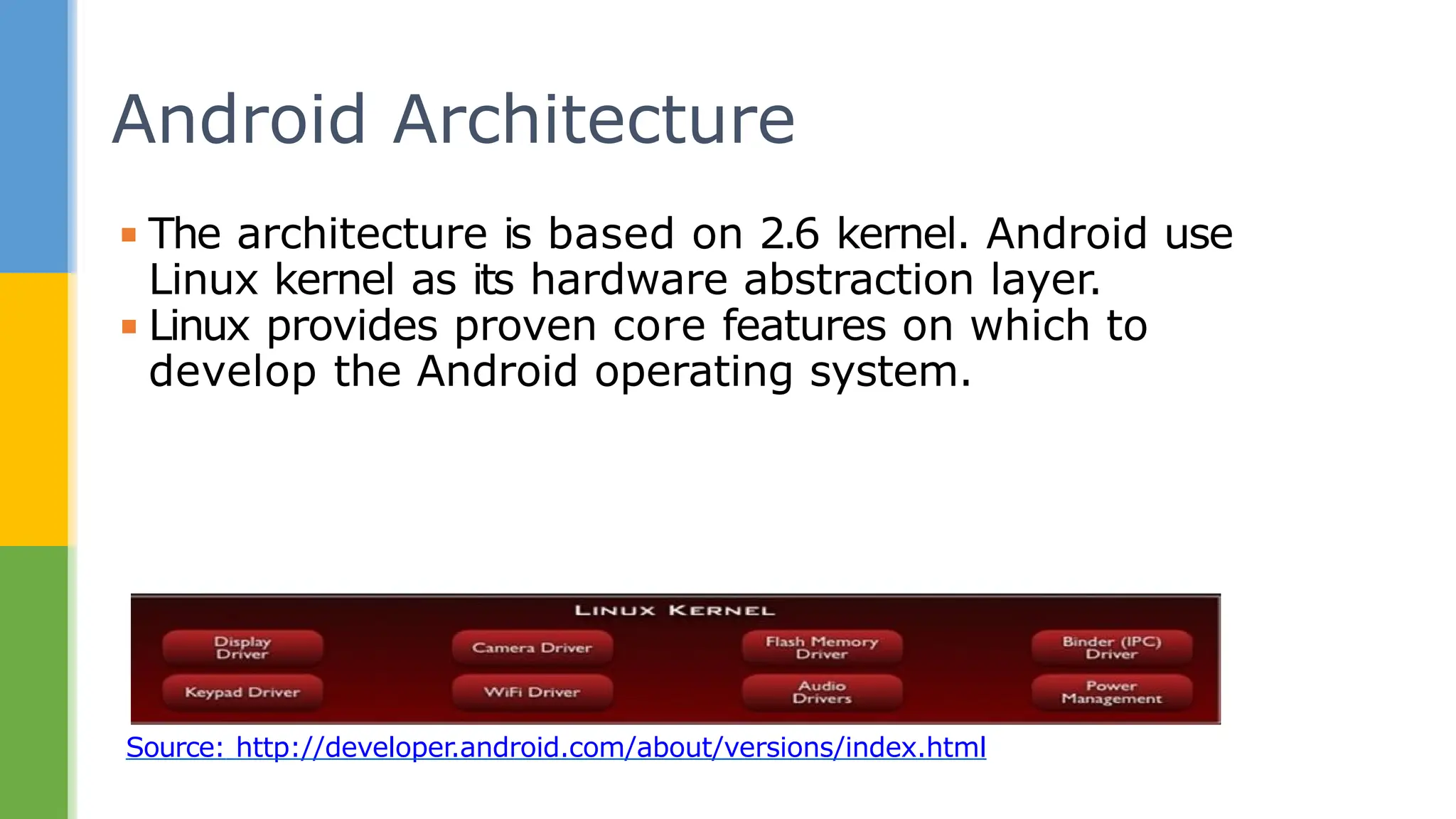 Android Architecture
Source: http://developer.android.com/about/versions/index.html
▪ The architecture is based on 2.6 kernel. Android use
Linux kernel as its hardware abstraction layer.
▪ Linux provides proven core features on which to
develop the Android operating system.
 